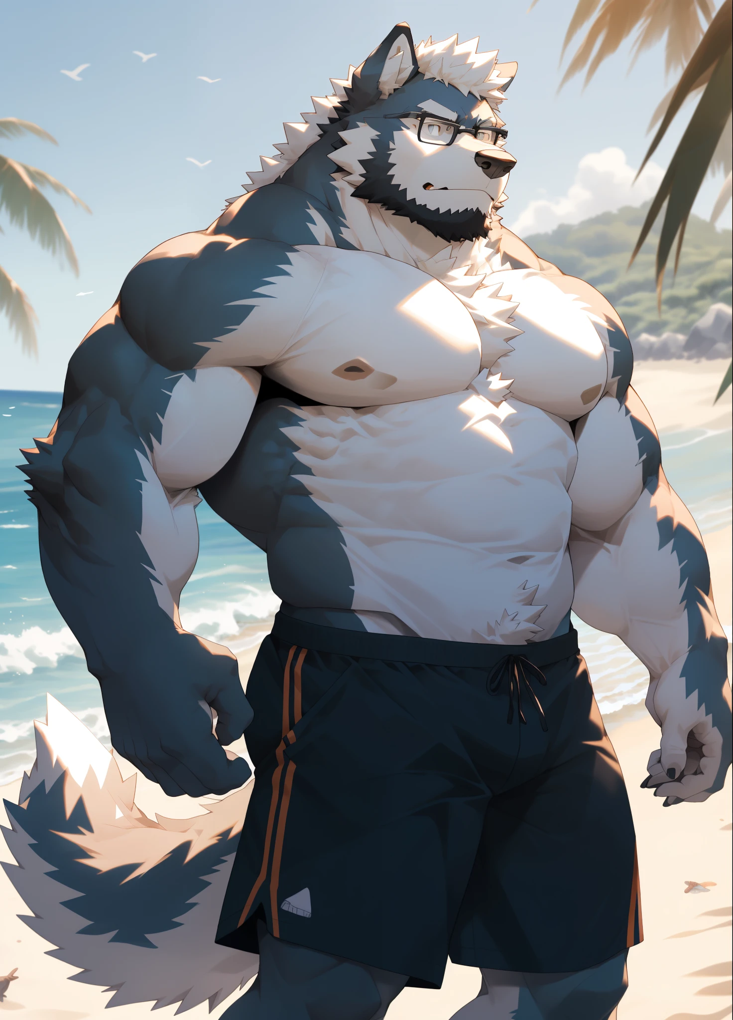 hairy,(Wolf,Black-rimmed glasses,Naked upper body,white sports shorts),beard,white fur,male,Common,full-body shot, dynamic poses,seaside,beach,Sunlight,Detailed background,极其lifelike阴影,masterpiece,Very detailed,lifelike