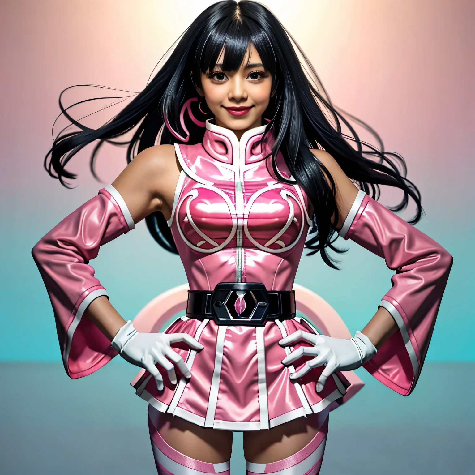 1 cute girl, (long dark hair with cute fringe),(PinkRanger), (solo) (tight magenta bodysuit), (mini skirt), pink leggings, white belt, white gloves with pink diamond design, (white boots with pink diamond design), (18yo), (small breasts), smiling at the viewer,( sunny tokyo background:1.2), vibrant colors