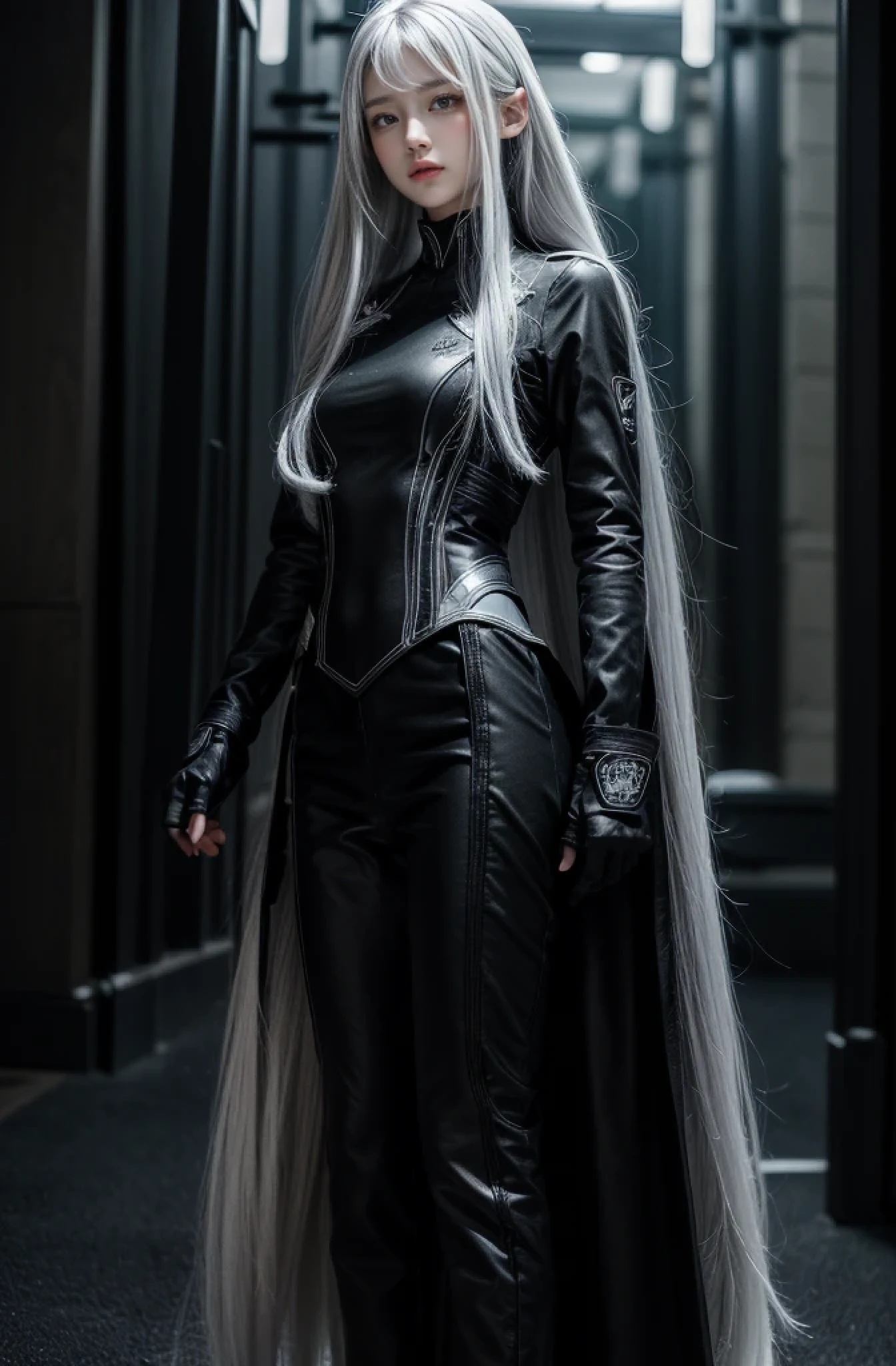 shiny hair,4 fingers,{{{{{White eyes}}}}},{{{{{White eyes}}}}},long hair,{straight hair},gloves,black clothes,black military suit,{military},{{{dull bangs}}},Hard hair,(slanted eyes},{{whole body},{{{1 girl}}}, {{{{silver hair}}}},{{{Tsurime}}},36 years old,white people,Silvery eyes,thin,{{{masterpiece}}}, {{{highest quality}}}, {{Super detailed}}, {shape}, {{very delicate and beautiful}},very detailed,Detailed completeness,detailed hyper,military用または海militaryの制服