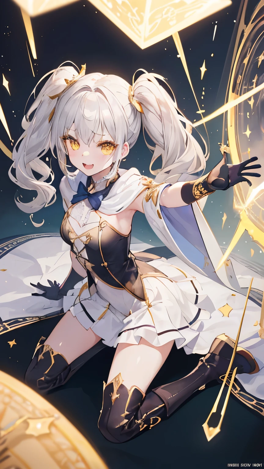 1GIRL, cute girl, finely detailed, (best quality), (intricate details), cute style, healer style, dungeons and dragons style, multicolored, ((long white hair in braid)), ((tan skin)), best quality, ((gold and black puffy long sleeve dress)), ((thigh high socks)), ((black socks)), ((round eyes)), beautiful face, happy eyes, cute face, pinup, perfect face, simple background portrait, magic circle, magic staff