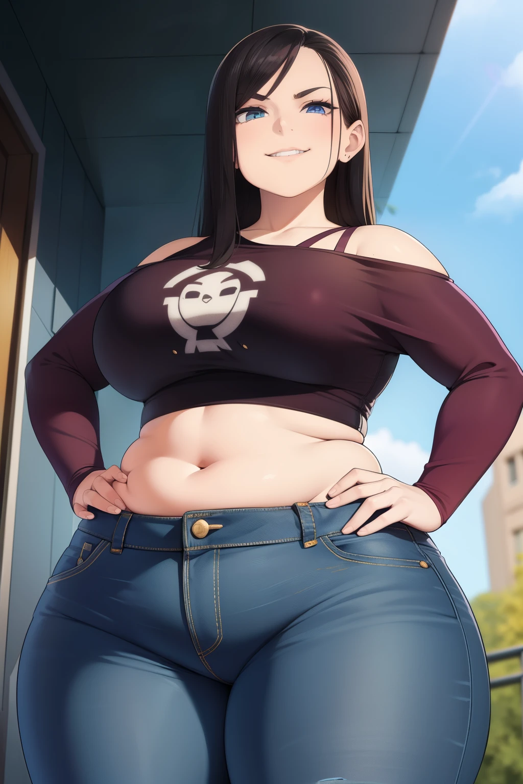 Woman, crop top, jeans, chubby, evil smirk, dominant stare, thick thighs, view from below, hands on hips