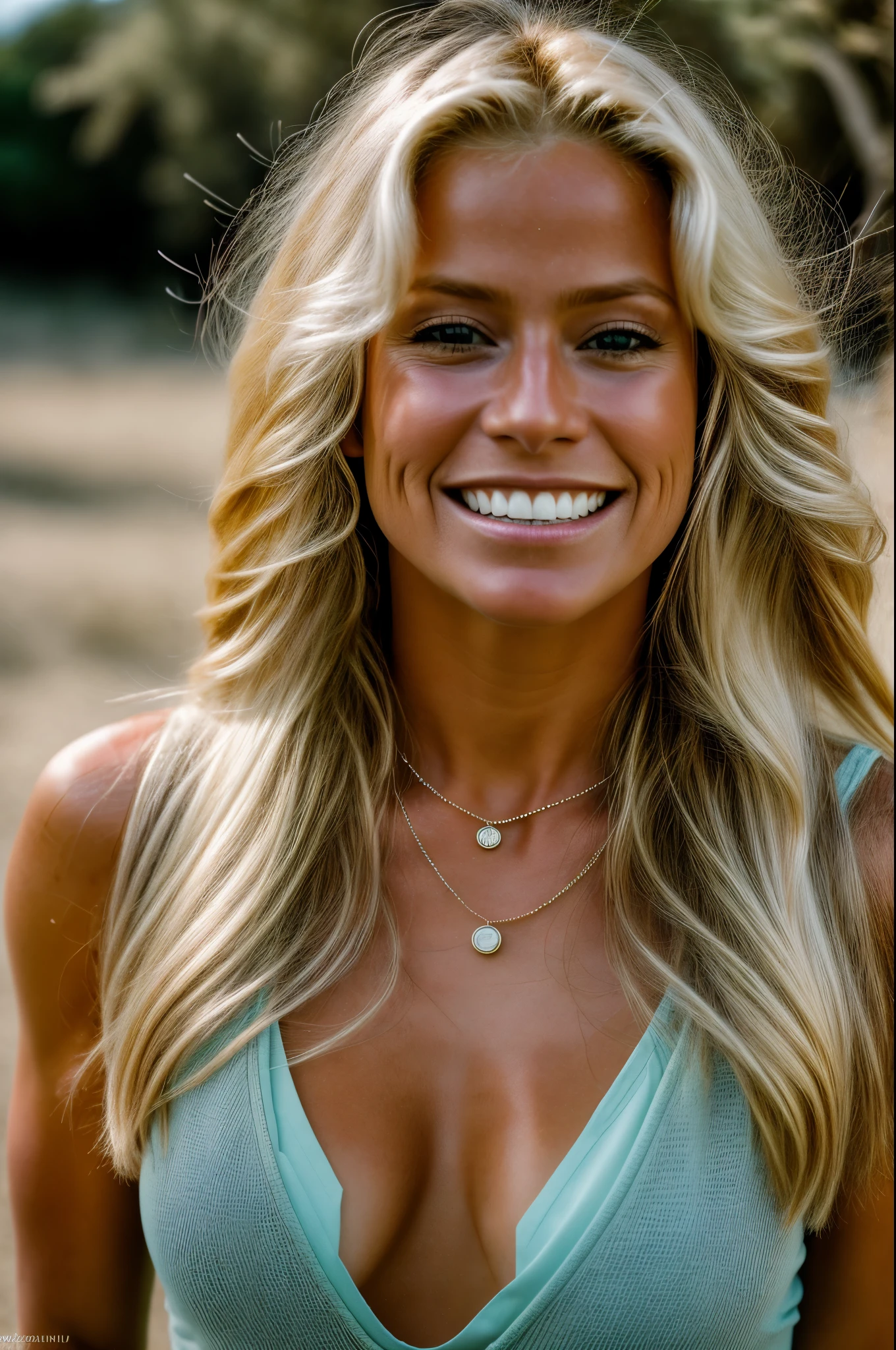Realistic photo of a beautiful f4rr4hf-v2 woman, 1girl, solo, long hair, smile, open mouth, (((blonde hair))), jewelry, upper body, teeth, necklace, blurry, lips, realistic, soft lighting, professional Photography, Photorealistic, detailed, RAW, analog, sharp focus, 8k, HD, DSLR, high quality, Fujifilm XT3, film grain, award winning, masterpiece