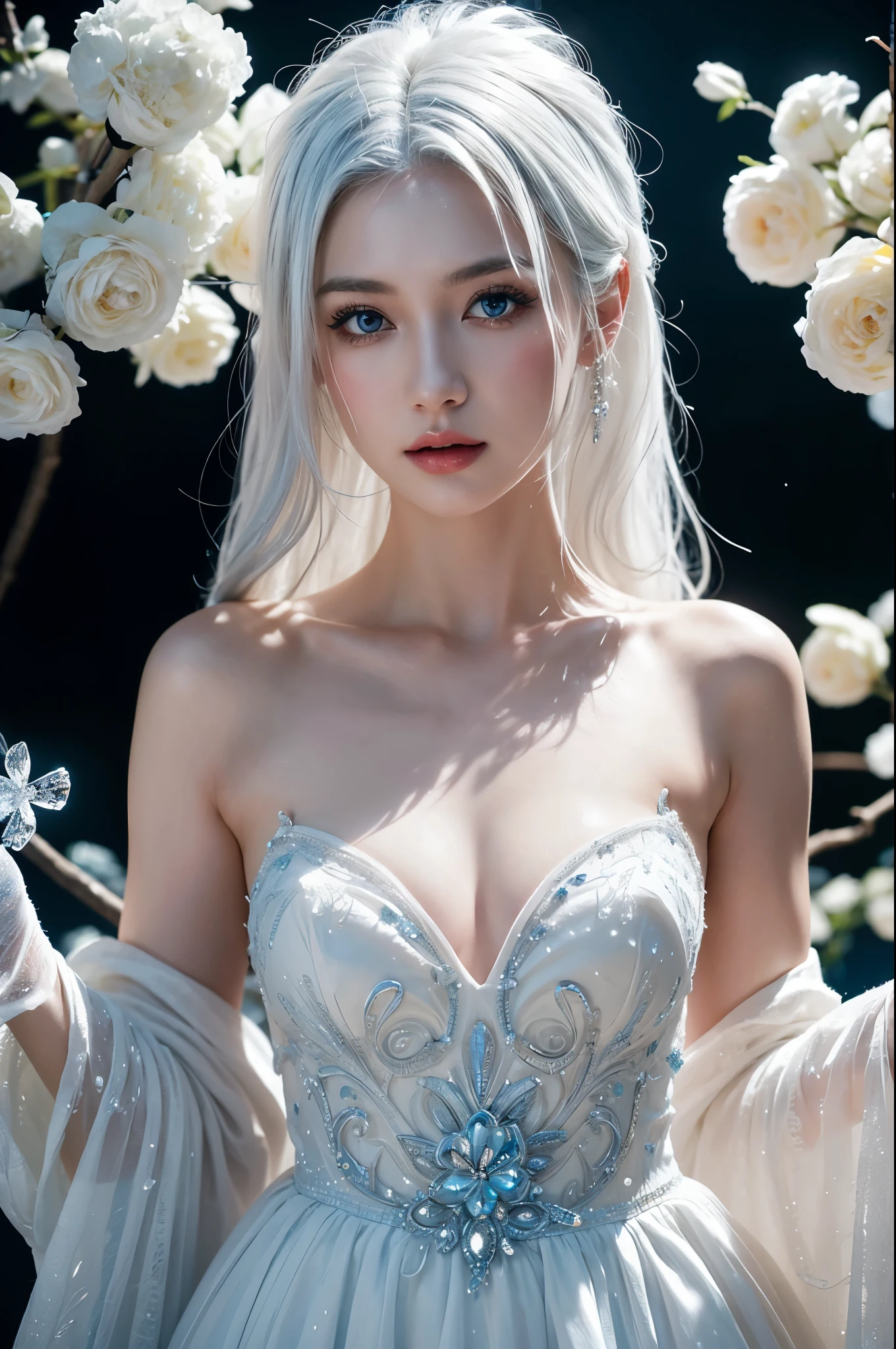 a woman,white hair,upper body,blue eyes,splash of paint,wedding dress made of crystal,intricate design,black background,nude,performance,wide hips