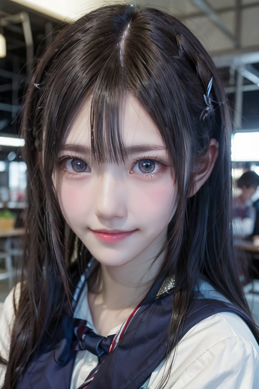 1 girl, Super cute, wonderful face and eyes, (Beautiful lovely smile), (Highly detailed beautiful face), bright and shiny lips, Keep staring at me, super beautiful, (school uniform:1.3), (highest quality:1.4), (hyper quality), (super detailed), (surreal, Photoreal:1.37), real skin texture, Highly detailed CG integrated 8K wallpaper, RAW photo, professional photos, cinematic lighting,