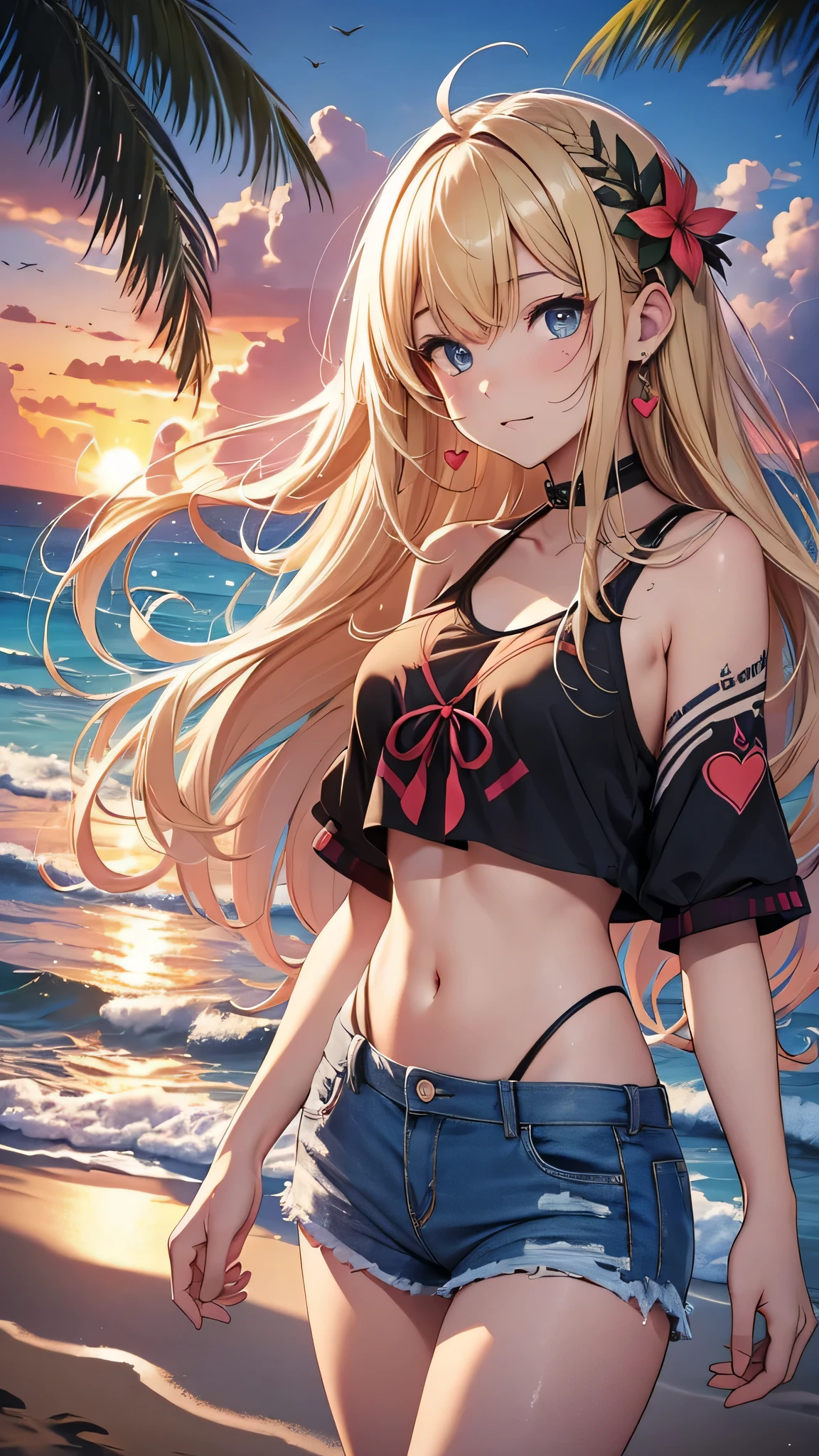 最high quality、best image quality、masterpiece、teenage girl((18-year-old、 By becoming、vest bust、medium bust,wide open breast tea、black eye, blonde hair、Habitual hair、long hair、thin,highest valley、blue shorts、attractive face、heart tattoo、black aloha shirt、sweating、like、Sleep on the ground、hair blowing in the wind)),high quality、beautiful art、background((Hawaii、Waikiki、Palm tree、beach、sunset))debris flies、Depth of written boundary、movie、visual art、perfect art、8K,genuine