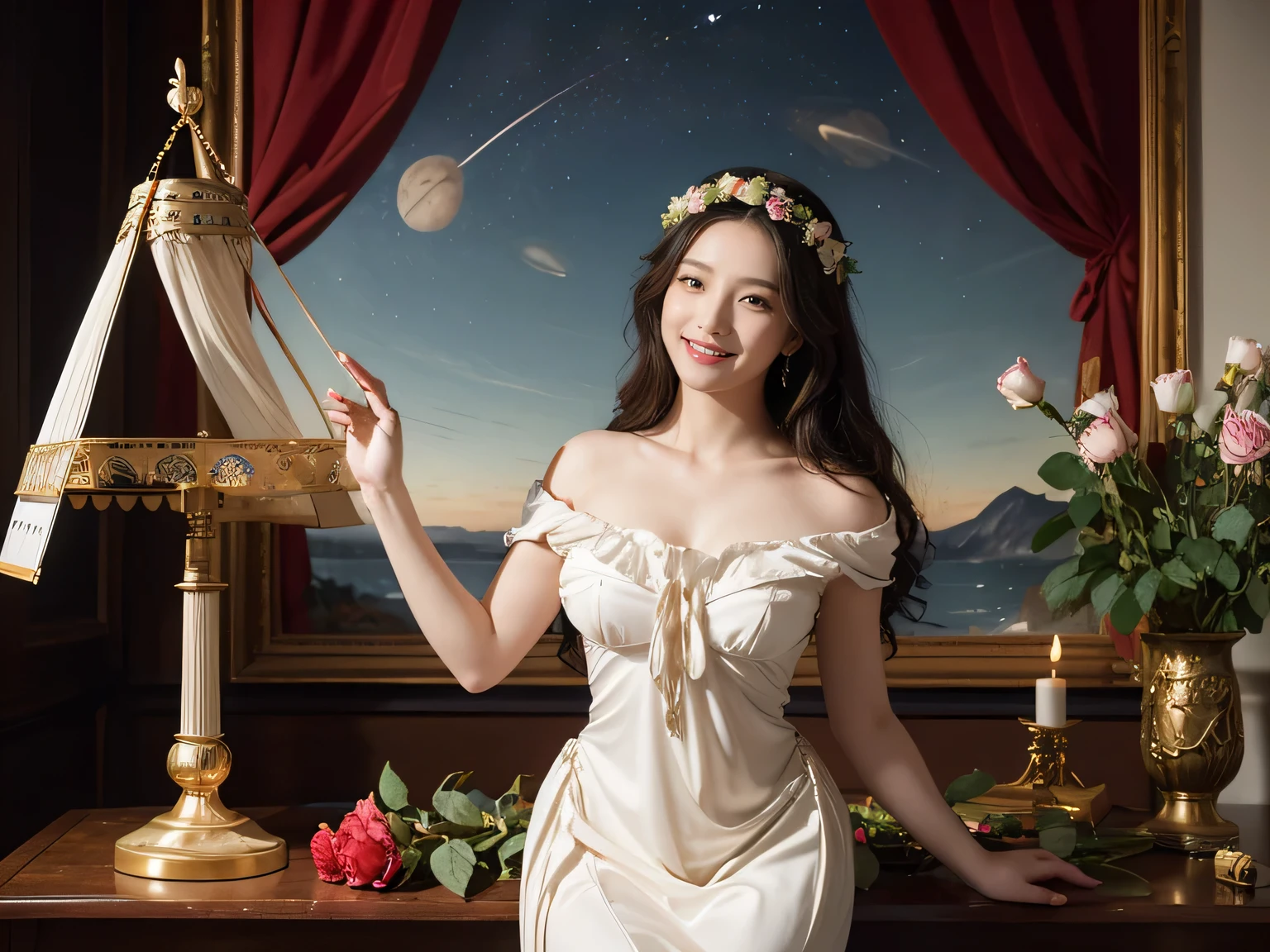 full body portrait or statue、Stained glass、Vigée Leblanc style、math、astronomical machine、astronaut、roses in vase、fruit、Cute trinkets、smile、ancient greek costume、Sandro Botticelli paintings、Costume that stretches your shoulders、A big smile、expression of ecstasy、sexy、beautiful bare skin、Detailed representation of the seducing woman throughout the body