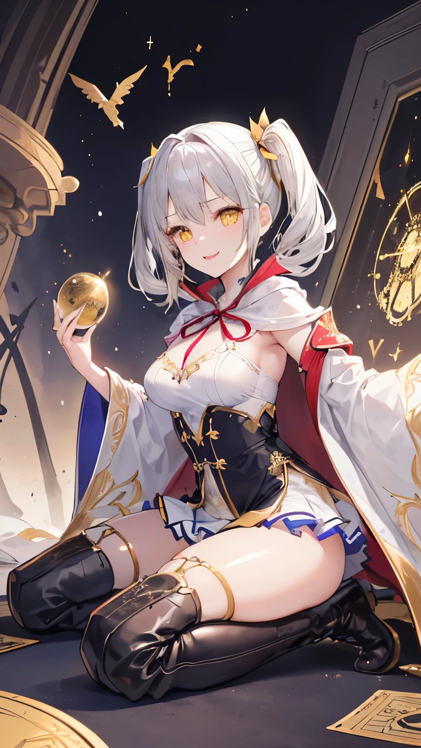 (((1girl))), ((best quality)), ((masterpiece)), ((ultra-detailed)), (illustration), (detailed light), (an extremely delicate and beautiful), (beautiful detailed eyes), (sunlight), ((extremely light)), ((extremely clothes)), (((hyper detail))),(((((front lighting))))),(((((front light))))),
((((quite adorable and sexy Wizard's robe with a brief skirt and magical ribbon)))), (((Adept Warock))),
,
(((high twin pig tails))), ((((white silver hair)))),
(((yellow gold eyes))),
((((whole body)))), aged 5 to 8, ((((())))), ((((very adorable young girl)))),
((condescending expression)), ((mischievous smile with sexual satisfaction)), (((extra adorable))), (((((extra slender shape))))),
(((((extremely beautiful detailed face))))),
(((dynamically attacking enemies by a spell of Time-Stop))), (((elegant magic boots))), (((flying clocks))),
(Dutch angle), (((elegant magic gloves))), ((transparent magical underskirt)), (a little bit exposed adorable magical panties)