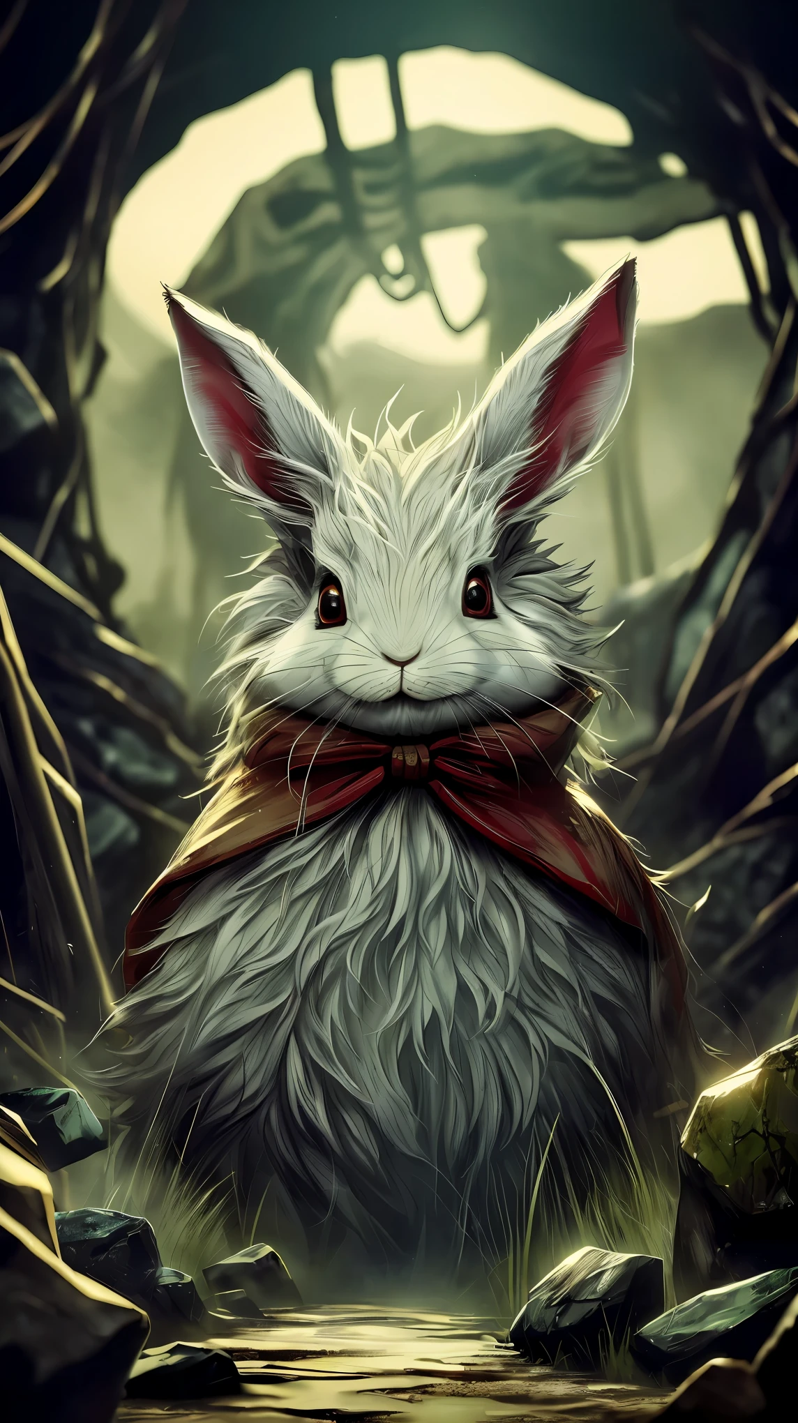 (8K, RAW photo, 最high quality, masterpiece:1.2), cinematic light, RPG design, dark fantasy graphics, buck-toothed murder rabbit, white rabbit, Bathed in blood in return、((a rabid rabbit)), fantasy art, I don't draw people, Characters don't:1.2, ((Underground dungeon background, Stone dungeons, labyrinth)), dim lighting, film grain, background bokeh, high quality, surreal, ((very detailed)),