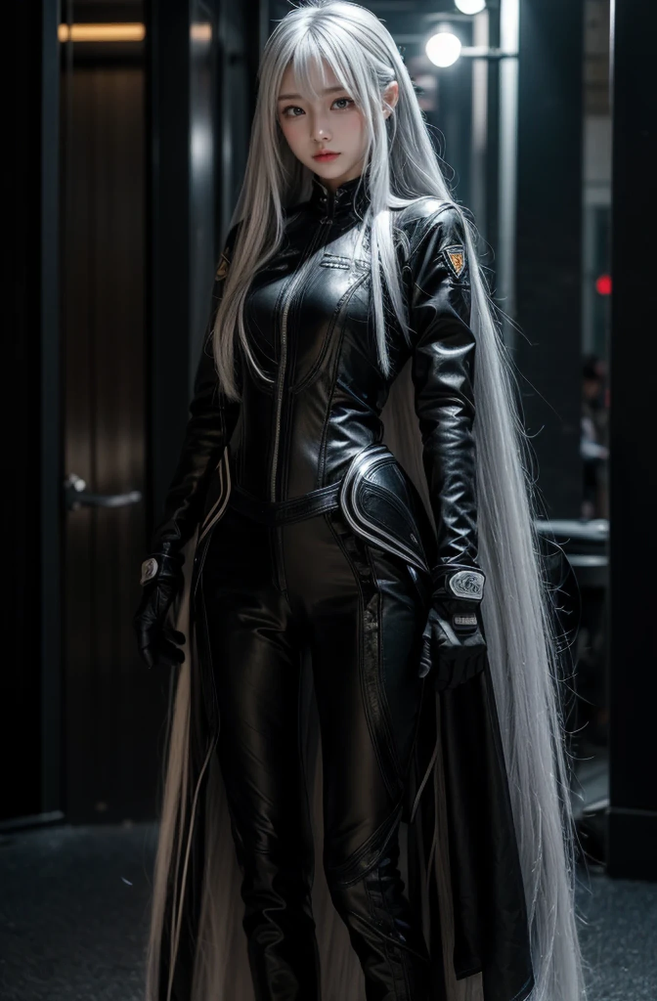 shiny hair,4 fingers,{{{{{White eyes}}}}},{{{{{White eyes}}}}},long hair,{straight hair},gloves,black clothes,black army suit,{army},{{{dull bangs}}},Hard hair,(slanted eyes},{{whole body},{{{1 girl}}}, {{{{silver hair}}}},{{{Tsurime}}},36 years old,white people,Silvery eyes,thin,{{{masterpiece}}}, {{{highest quality}}}, {{Super detailed}}, {shape}, {{very delicate and beautiful}},very detailed,Detailed completeness,detailed hyper,army用または海armyの制服