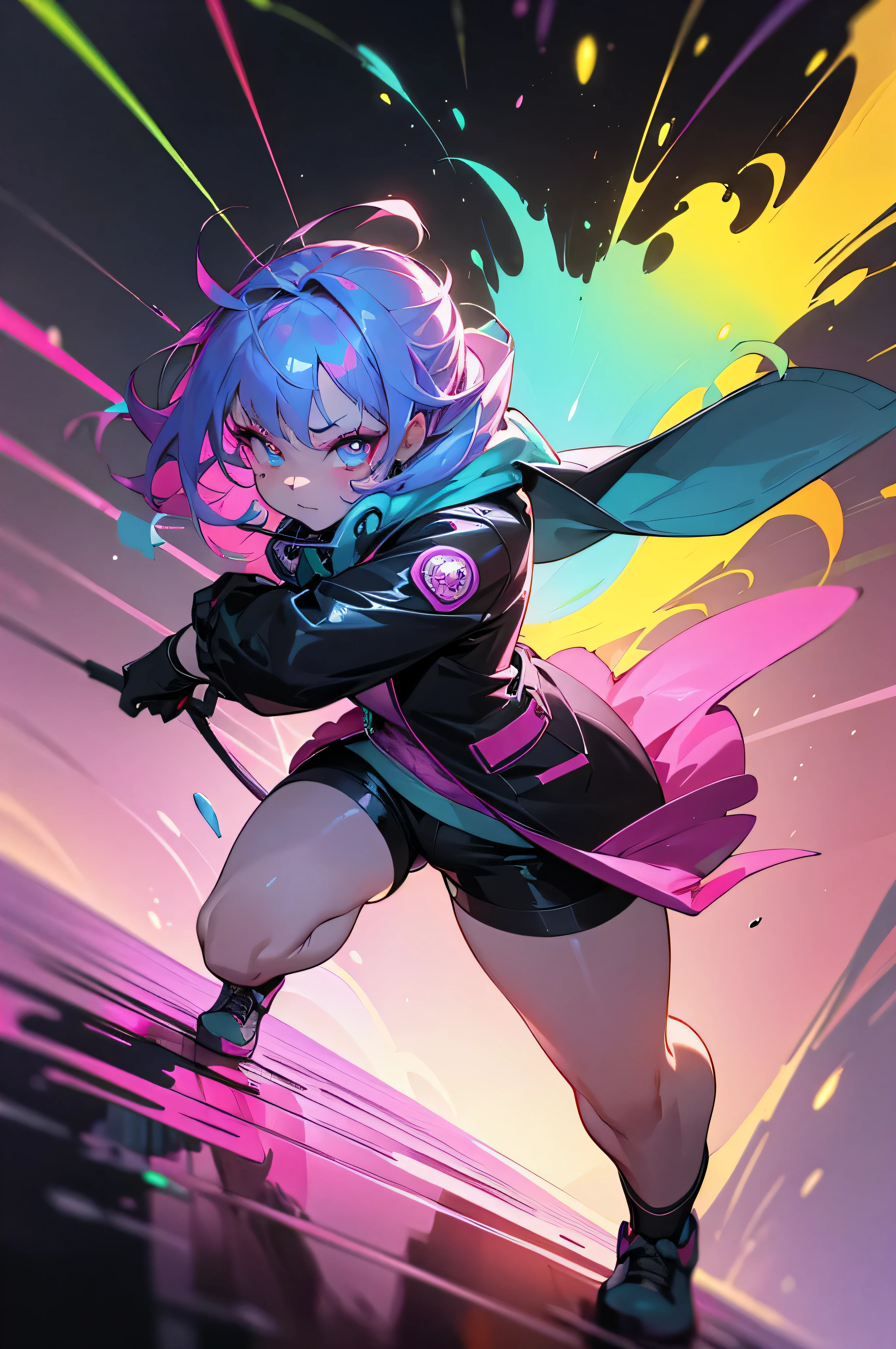 full body, 1girl, , solo, Eye focus,Masterfully crafted Glow,neon, pink lens flare, Cinematic background,colourful, hyper details, hdr, ultra detailed eyes, mature, plump, rainbow painting drops,(supermodel:1.3), made up from paint, entirely paint, splat, splash, indoors, (bioluminescent hair:1.1),(glowing eyes), ((makeup)), fierce, powerful, splashes of colour absolutely eye-catching, dynamic angle, beautiful detailed glow, ambient occlusion, ambient light, raytraced reflections, retro style, living arcade characters, arcade style world, gloves, jacket,weapon, shorts, black gloves, black jacket, gun, drill hair, black shorts, eyewear on head, bubble blowing, chewing gum, (Cute face:1.3),