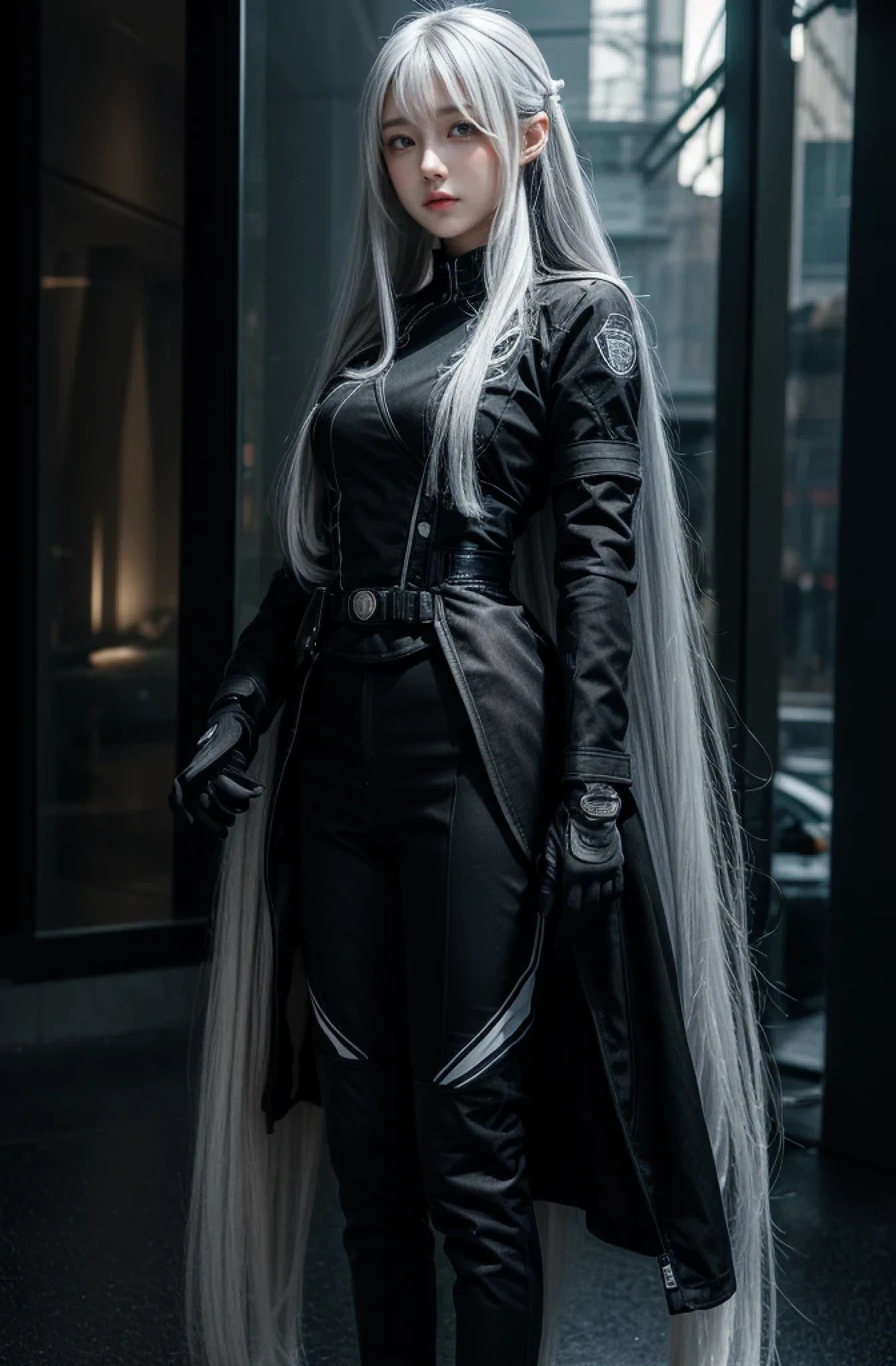 shiny hair,4 fingers,{{{{{White eyes}}}}},{{{{{White eyes}}}}},long hair,{straight hair},gloves,black clothes,black army suit,{army},{{{dull bangs}}},Hard hair,(slanted eyes},{{whole body},{{{1 girl}}}, {{{{silver hair}}}},{{{Tsurime}}},36 years old,white people,Silvery eyes,thin,{{{masterpiece}}}, {{{highest quality}}}, {{Super detailed}}, {shape}, {{very delicate and beautiful}},very detailed,Detailed completeness,detailed hyper,army用または海armyの制服