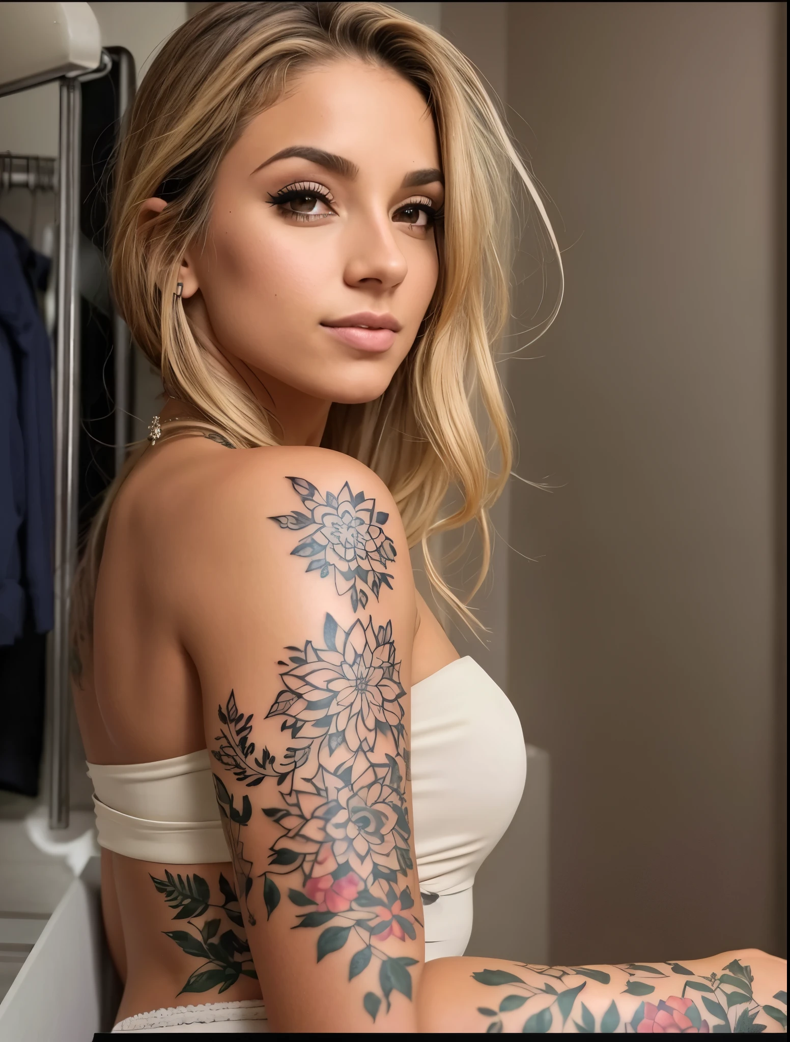 arafed woman with a tattoo on her arm and shoulder, tattoo sleeve on her right arm, tatuado, linda garota loira, com tatuagens, belo corpo e rosto detalhados, 🤤 retrato de , tatuagem no ombro, beleza de cair o queixo, tatuagem no ombro, linda garota modelo, linda foto realista, bonito e realista, foto de uma linda mulher, muito, muito realista