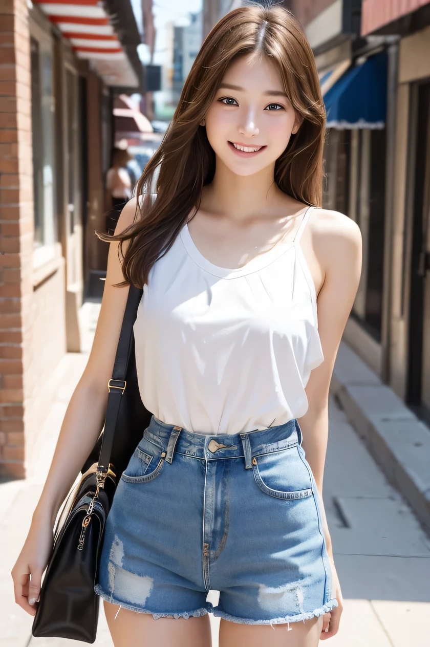 one girl, (a beauty girl, delicate girl:1.3), (16 years old, gal:1.3), (denim shorts:1.2), very fine eye definition, (symmetrical eyes:1.3), stare at the camera, A big smile, show teeth, (street view:1.2), small breasts, brown hair, girl, (eyes and faces with detailed:1.0), (masterpiece, best quality, ultra detailed, detailed face, 8k), cowboy shot from bottom