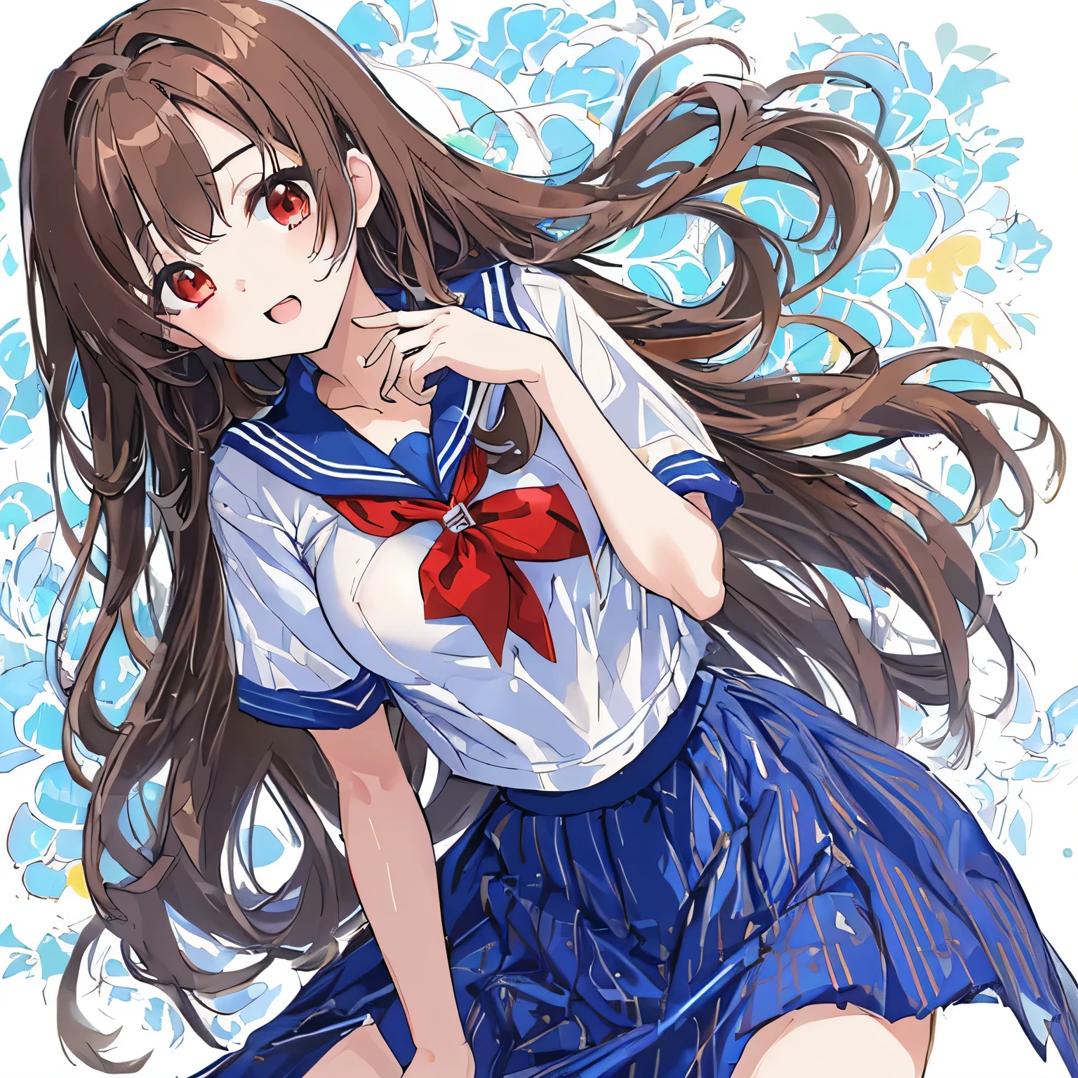 masterpiece, highest quality,shape,sailor suit,slanted eyes,straight hair,brown hair,side parted,super dense skin,beautiful and detailed eyes,short sleeve shirt,red eyes,(big breasts:1.2), (A raised and well-defined bust:1.2), (Lifted chest:1.2), (perky chest :1.2),open chest,cover 1&#39;one on the chest&#39;hand,high school girl