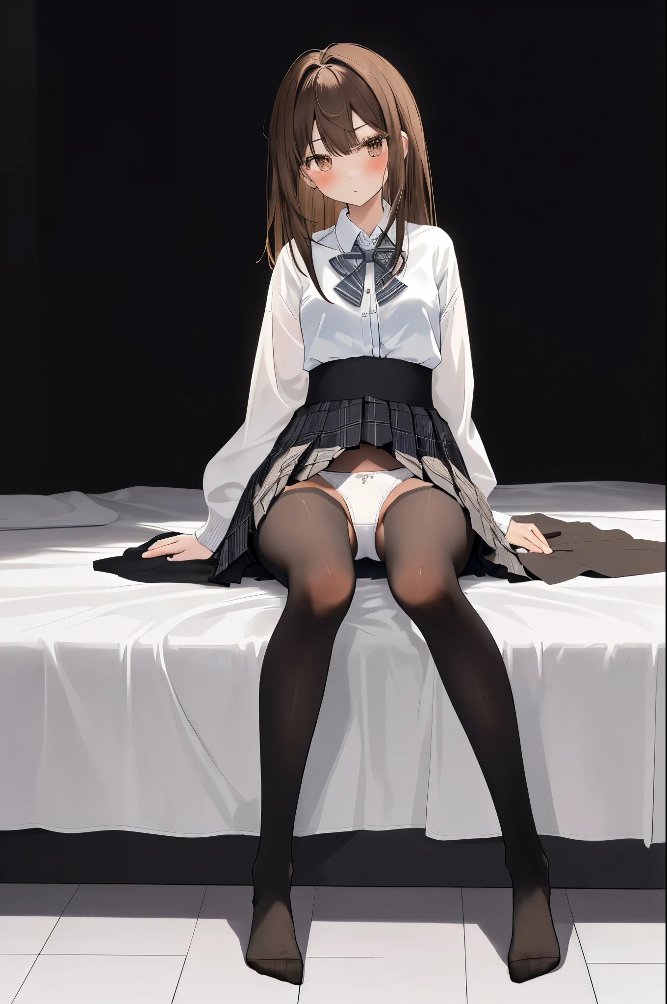 finest, masterpiece, High resolution, (Full body view from head to toe), front, frontやや下からの構図, Symmetrical, 18 year old tall girl, alone, (whole body from head to toe), (small breasts), messy brown hair, bangs, (black tights), (black pantyhose), (sitting with legs spread apart), (squating pose), (composition showing white panties), (Her legs are spread open and her white panties are visible.), (made to sit on the floor with legs spread), (M-shaped legs), Slender legs, A very beautiful and tall 18 year old girl, (not wearing shoes), blush, shy big eyes, looking at camera, Blazer Uniform, Plaid pleated skirt