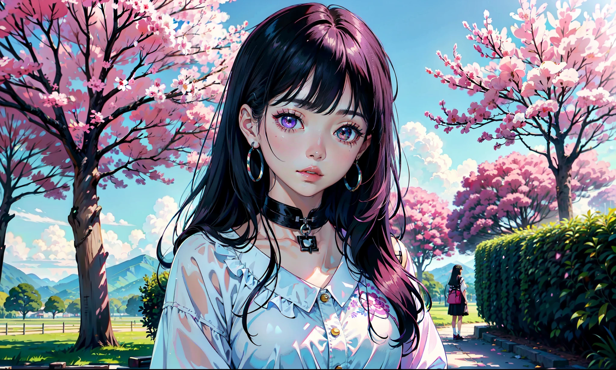 a close up of a woman con cabello largo standing in front of a nature, jennie rosa negro, jossi de blackpink, peinado recto, con cabello largo, portrait of jossi de blackpink, Cabello largo violeta, gongbi, sha xi, peinado de coletas, jaeyeon nam, TaeJune Kim, el corte de hime, parque roseanne de blackpink, A beautiful woman standing near a pink tree with purple sky