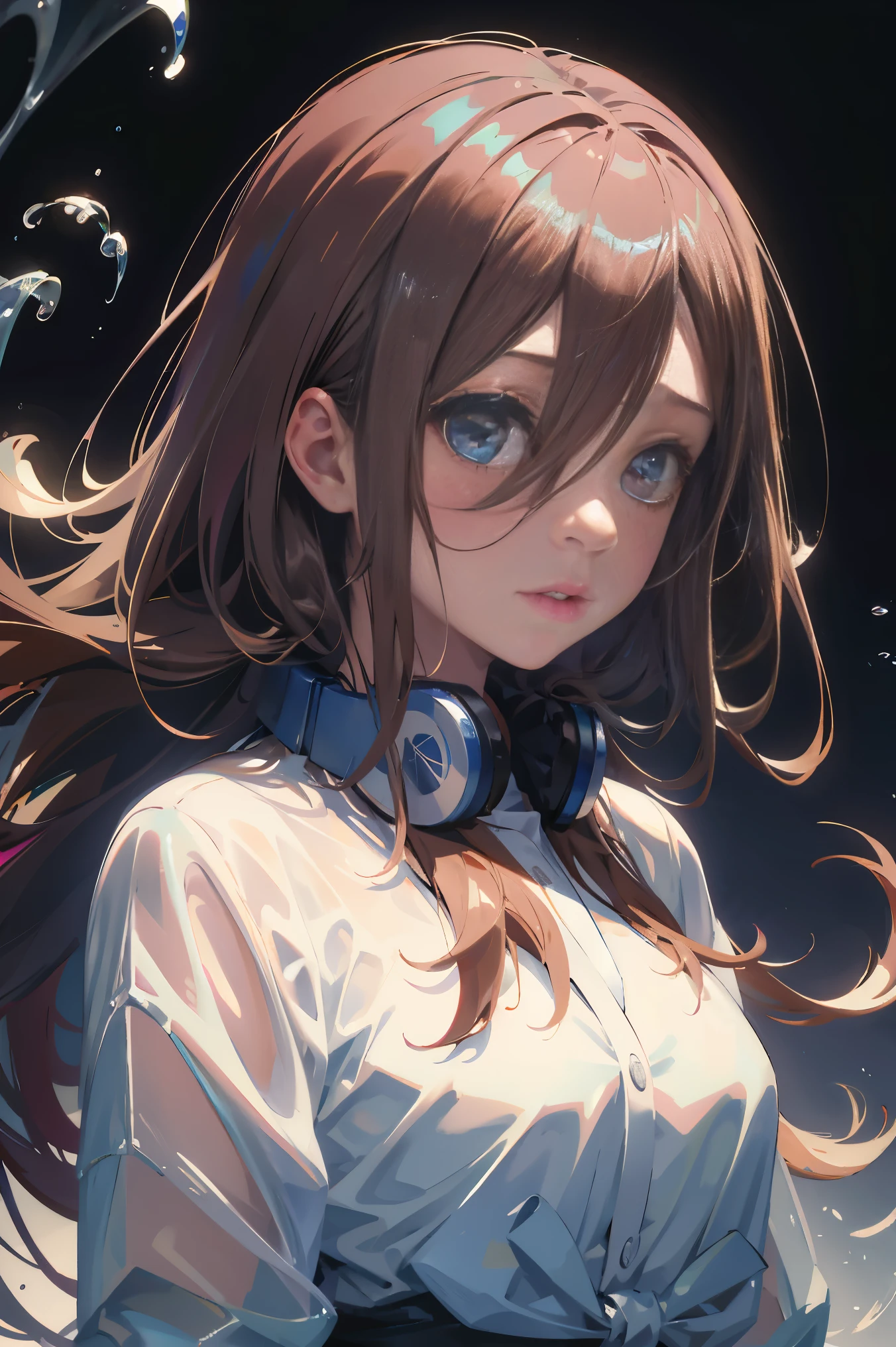 Official art, Unity 8k Wallpapers, ultra-detailliert, Beautifully Aesthetic, masterpiece, top-quality, realisitic, a closeup, Skindentation, interface, A detailed eye, A detailed face, detailed hairs, black backgrounds, straight-on, looking at the viewers, The sheen, Anime, looking at viewer with a cigarette in her mouth, highly detailed with reflections transparent iridescent opaque jacket, Long transparent iridescent RGB hair, 1girl in, Solo, fronds, Long hair, Blurry, Shirt, Parted lips, Outdoors, Floating hair, Long sleeves, White shirt, Bangs, Upper body, Open mouth, tusk, Brown eyes, Wind, Winters,Yuki,snowscape,Blurry background, day, depth of fields, bug,The Bride of Fifths,Miku Nakano,Blue headset around the neck,