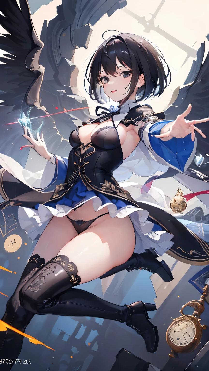 (((1girl))), ((best quality)), ((masterpiece)), ((ultra-detailed)), (illustration), (detailed light), (an extremely delicate and beautiful), (beautiful detailed eyes), (sunlight), ((extremely light)), ((extremely clothes)), (((hyper detail))),(((((front lighting))))),(((((front light))))),
((((quite adorable and sexy Necromancer's robe with a brief skirt and magical ribbon)))), (((Adept Necromancer))),
,
(((short bob))), ((((black hair)))), (((short hair))),
(((black eyes))),
((((whole body)))), aged 5 to 8, ((((())))), ((((very adorable young girl)))),
((condescending expression)), ((mischievous smile with sexual satisfaction)), (((extra adorable))), (((((extra slender shape))))),
(((((extremely beautiful detailed face))))),
(((dynamically attacking enemies by a spell of Healing Light))), (((elegant magic boots))), (((flying clocks))),
(Dutch angle), (((elegant magic gloves))), ((transparent magical underskirt)), (a little bit exposed adorable magical panties)