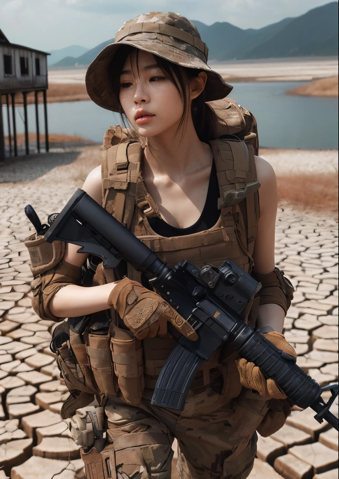 (best quality, photo-realistic:1.37),ultra-detailed,natural light,beautiful Japanese girl with realistic skin texture,dressed in military uniform,running across a dried-up lake,cracked and parched lake bed,old buildings visible in the distance,backpack,assault rifle,body armor,dynamic action pose
