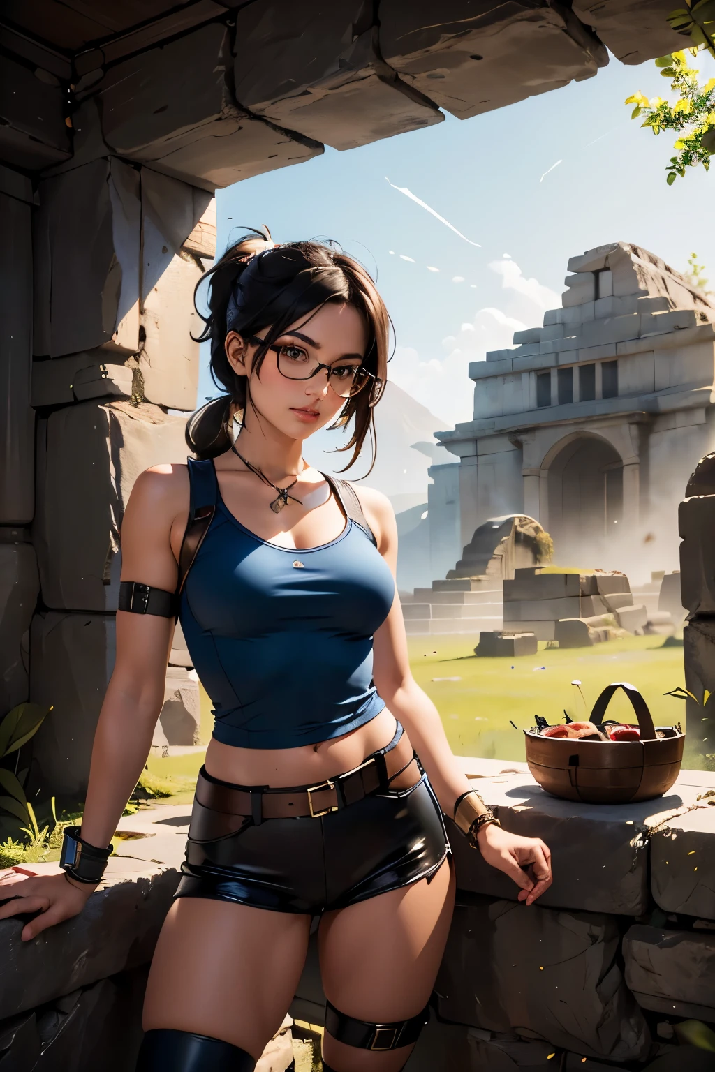 ((landscape)), ((ancient Vikings tomb)), a beautiful young explorer girl is standing in the picture, wearing a Jill Valentine outfit, long black hair in a ponytail, bangs, wearing glasses.