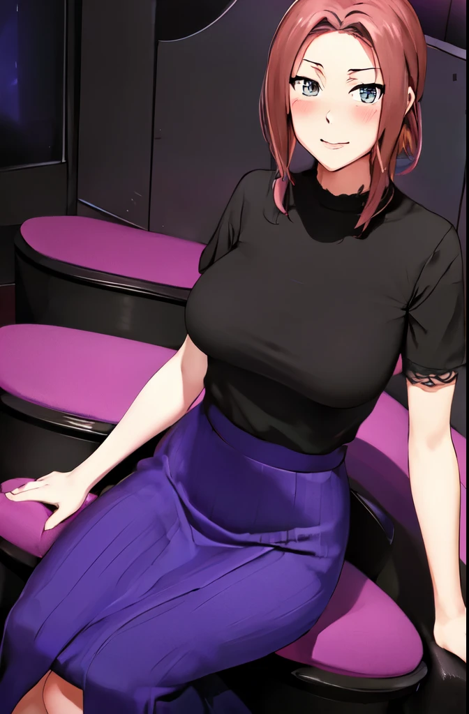 1lady sitting on theater seat, leaning back, /(knitted shirt/) /(high-waist long skirt/), mature female, /(光沢のある蛍光ピンクのグロスリップ) bangs, blush kind smile, (masterpiece best quality:1.3) delicate illustration ultra-detailed, large breasts arms down BREAK /(theater indoors/) dark room、Jin (MTSP)'s Tachibana Kyouka