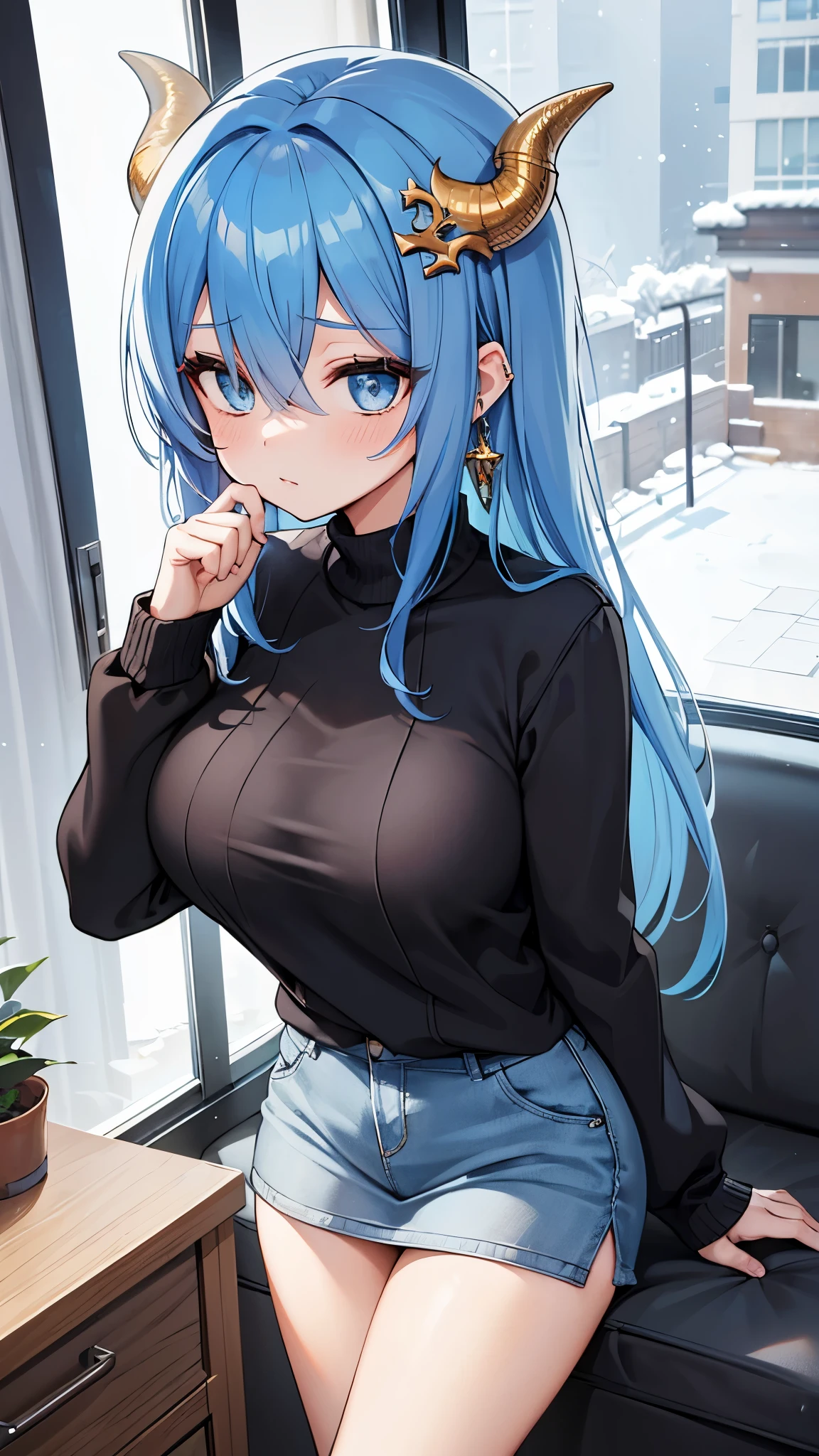 ShermieMS, hair over eyes, girl, black outside honey midhiam bob, blue gradation hair color, hair ornament, slender body, casual roomclothes, big size sweater, can see winter view from window, earring, focus face, best quality, beautiful face, hair over eyes, blue hair, dragon girl, monster girl, big breast