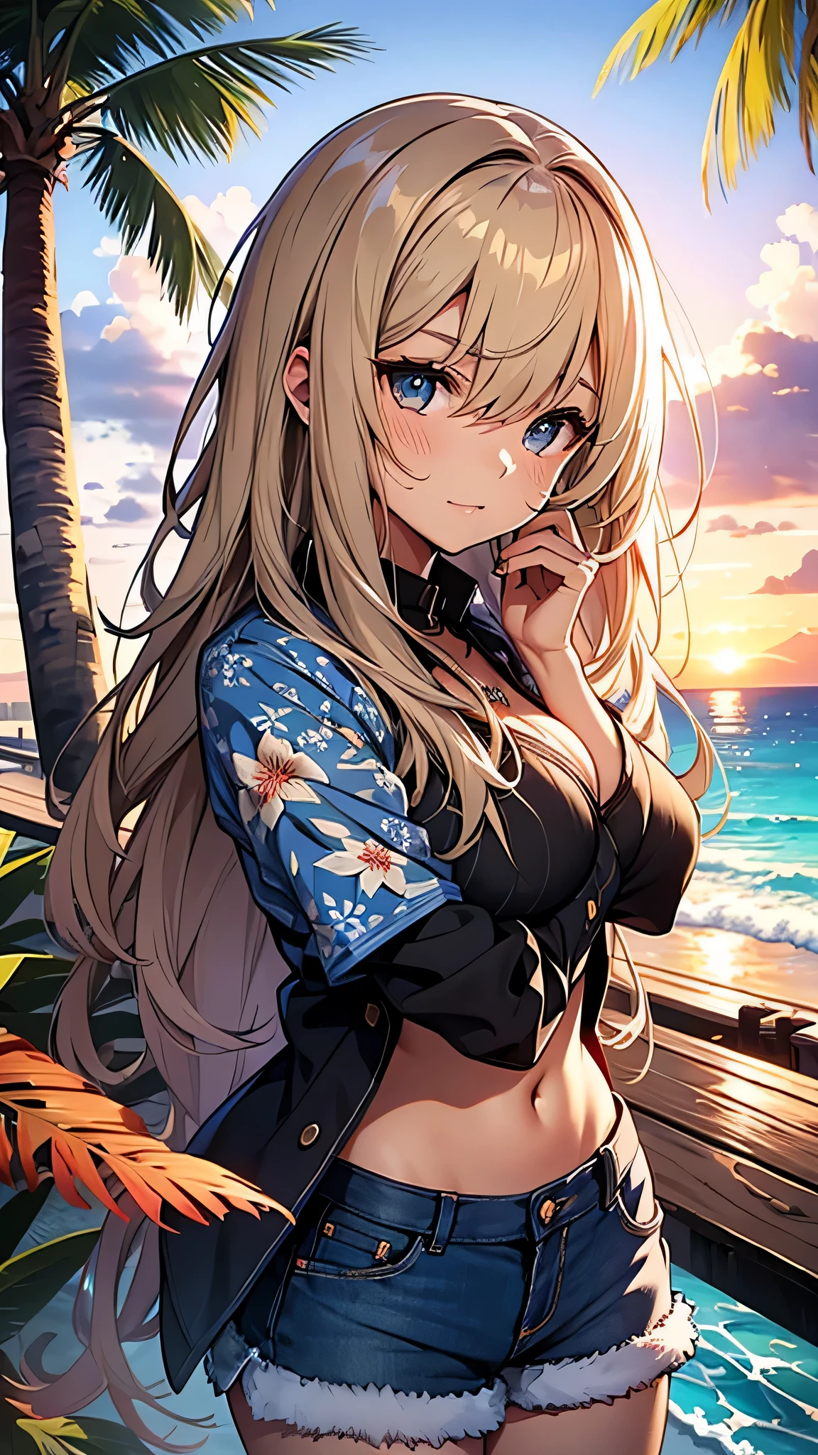 最high quality、best image quality、masterpiece、age girl((18-year-old、 By becoming、vest bust、medium bust,wide open breast tea、black eye, blonde hair、Habitual hair、long hair、thin,highest valley、blue shorts、attractive face、heart tattoo、black aloha shirt、sweating、like、Sleep on the ground、hair blowing in the wind)),high quality、beautiful art、background((Hawaii、Waikiki、Palm tree、beach、sunset))debris flies、Depth of written boundary、movie、visual art、perfect art、8K,genuine