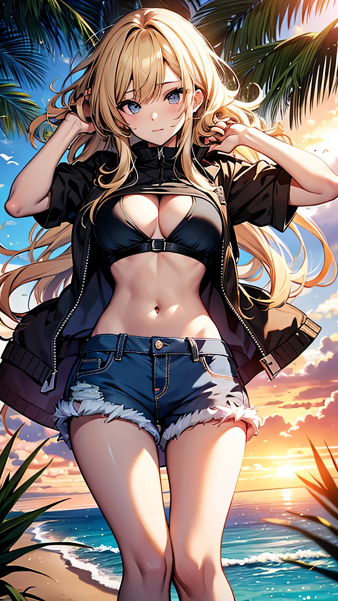 最high quality、best image quality、masterpiece、age girl((18-year-old、 By becoming、vest bust、medium bust,wide open breast tea、black eye, blonde hair、Habitual hair、long hair、thin,highest valley、blue shorts、attractive face、heart tattoo、black aloha shirt、sweating、like、Sleep on the ground、hair blowing in the wind)),high quality、beautiful art、background((Hawaii、Waikiki、Palm tree、beach、sunset))debris flies、Depth of written boundary、movie、visual art、perfect art、8K,genuine