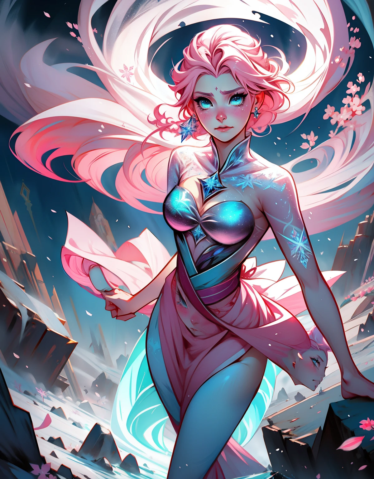 1 mulher, fantasiada de Elsa, strong emotions, sakura,pink hair, cabelo curto, luz, foco, frozen, como elza de frozen , corpo inteiro, solo, magia ao seu redor. illustration! from head to toe, vestido azul,neve, corpo inteiro, lagrimas, strong emotions