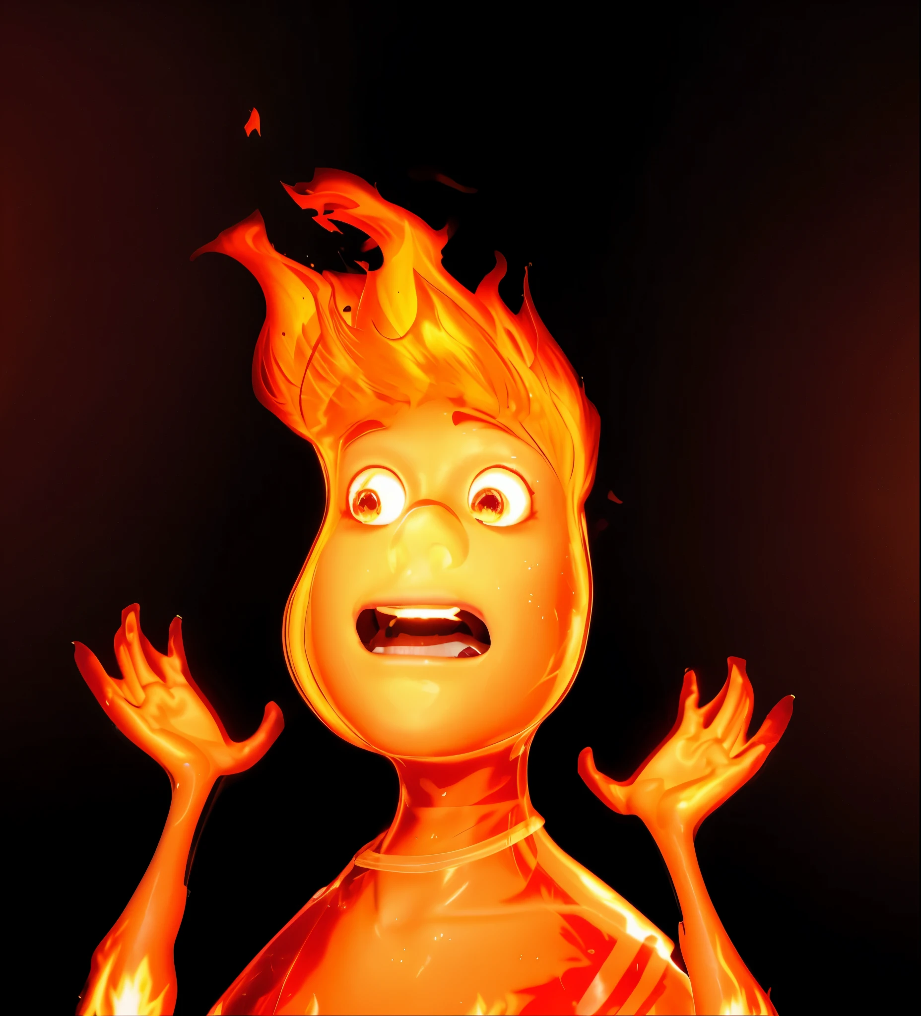 cartoon man with hair made of flames, his skin is orange, his skin is glossy, shiny glossy flames, he shines from outside, glowing, his body is made of flames, like ember elemental, his hair is on fire, flaming hair, portrait shot, under the spotlight, fire hair, hair like fire, orange glowing hair, spotlight, rim light, detailed fabric textures, glossy costume, reflective, best quality, 4k, masterpiece:1.2, ultra-detailed, realistic, vivid colors, dark and moody lighting, The image of the highest quality, ensuring every detail showcased perfectly. It in 4k resolution, allowing viewers to immerse themselves in the richness of the colors and intricate details. The realistic rendering. under the spotlight, reflecting, high-resolution image, realistic rendering, dark background, and rim light