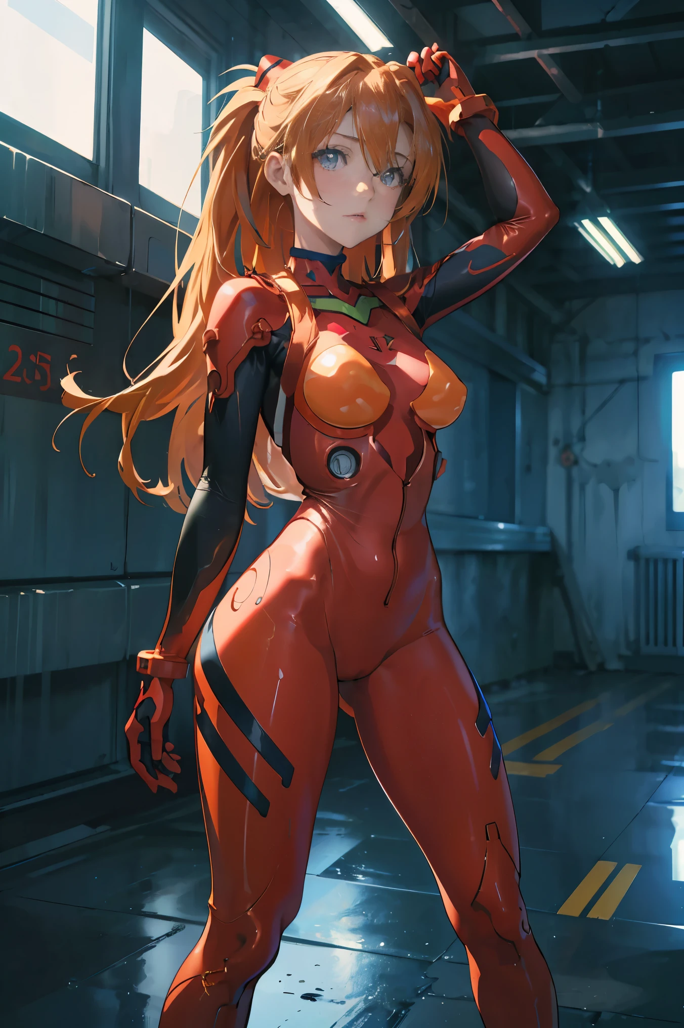 (masterpiece, best quality), 1girl, beautiful face, beautiful body, souryuu_asuka_langley, plugsuit, bodysuit, interface headset, red bodysuit, hair between eyes, pilot suit