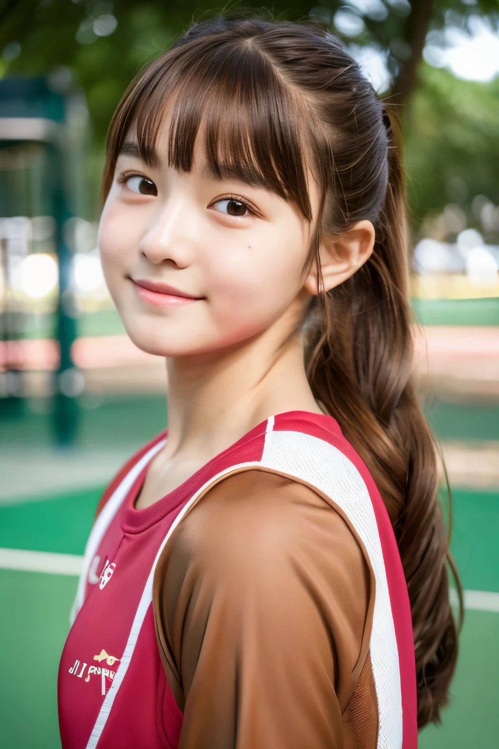 cute, girl, junior high school student, black hair, ponytail, school track suit, short sleeves, shorts, blush, smile, small bust, tits