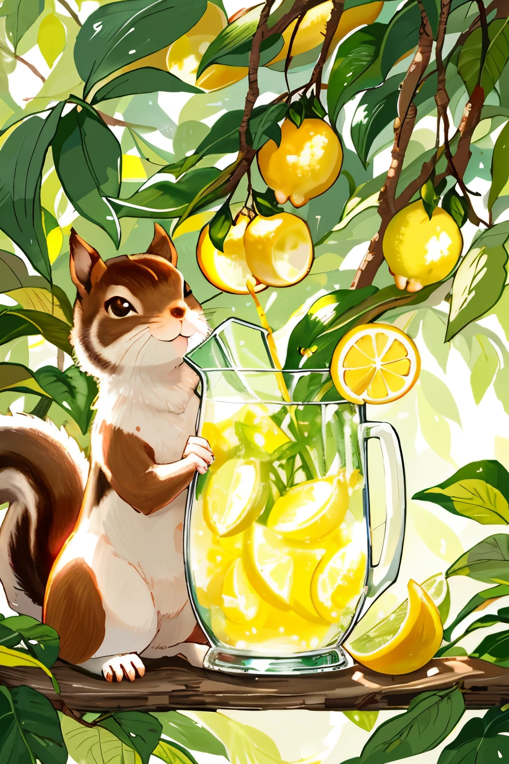 A squirrel sipping on a tall glass of lemonade, its bushy tail twitching with excitement as it takes a pause from gathering nuts, the sunlight filtering through the leaves above casting a warm glow on its fur, the vibrant colors of the lemon and squirrel contrasting beautifully against the calm background.