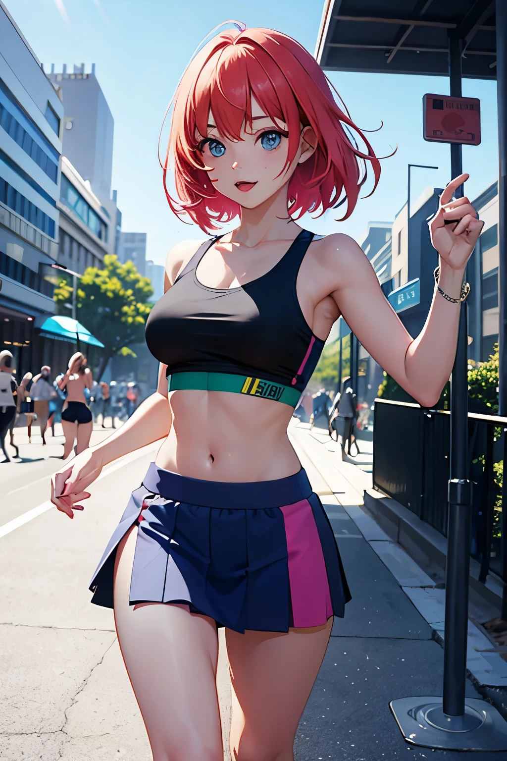 Imagine a vibrant scene，A cheerful anime girl jogs energetically and heads out into the city., Wear a stylish sports bra and flowing skirt. Creative lighting style enhances the dynamic atmosphere, She emits a seductive glow as she moves steadily.. down to the last detail，Render in stunning 10k high resolution, This artwork is、Seamlessly merging the artistic medium of digital painting。, mocap, and street photography. Get inspired by anime style, realism, and Urban Contemporary, It depicts an anime girl embracing energy and confidence on a fitness journey on a busy street。, Her short skirt is talented and young々Adds a new charm.