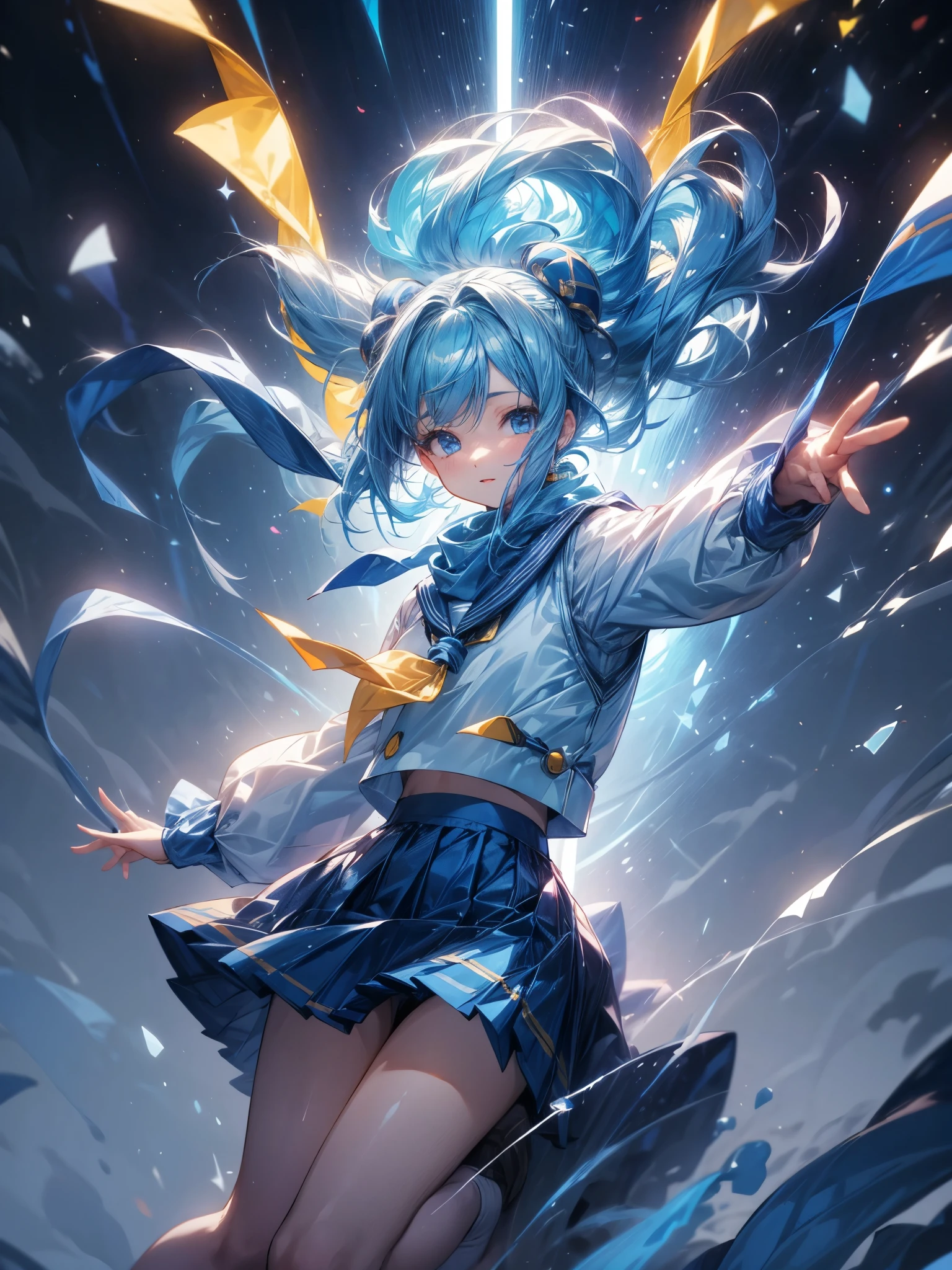 10th generation women、Beautiful blue hair、chest length hair(Half-up hairstyle)、Long-sleeved sailor suit(Scarf is yellow、Blue scarf closure、Blue with pleated skirt)、Ready to unleash magic、Energetic expression、The background is glowing