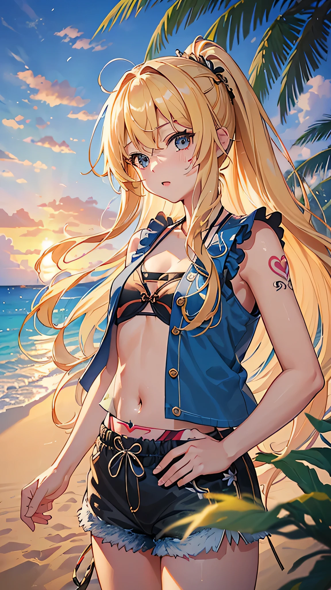 最high quality、best image quality、masterpiece、teenage girl((18-year-old、 By becoming、vest bust、medium bust,wide open breast tea、青 eye, blonde hair、Hair blowing in the wind、Habitual hair、long hair、thin,highest valley、blue shorts、Fascinating face、heart tattoo、Black Aloha Shirt、sweating、love、lie down、hair fluttering in the wind)),high quality、beautiful art、background((Hawaii、Waikiki、Palm tree、beach、sunset))debris flies、Depth of written boundary、movie、visual art、perfect art、8k,genuine、smile