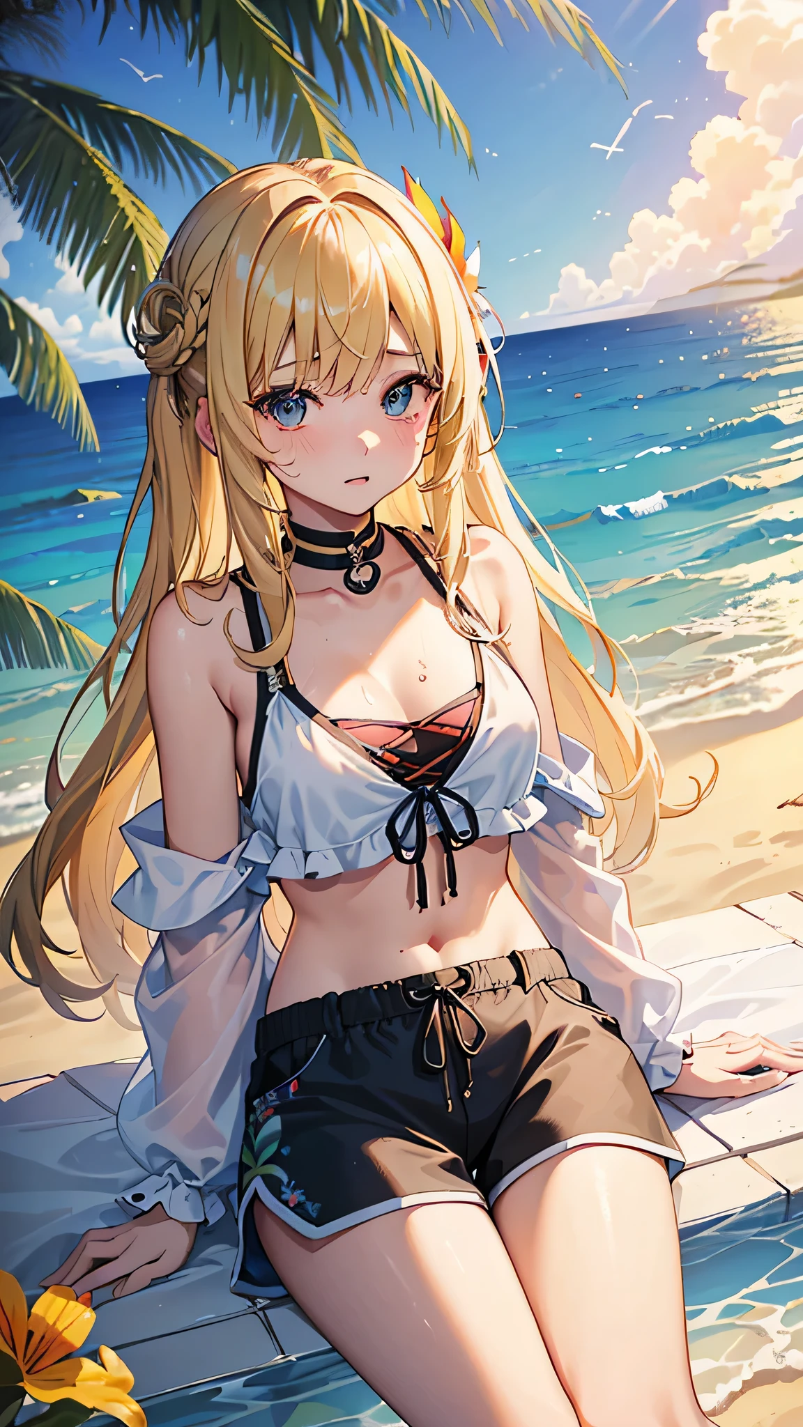 masterpiece, rich colors, Best quality, detailed, high resolution, Hyper quality, high detail, , high quality, detailing, skinny sexy girl on the beach , bright lighting , Brown eyes, Anime, palm trees, bright lighting, blonde,