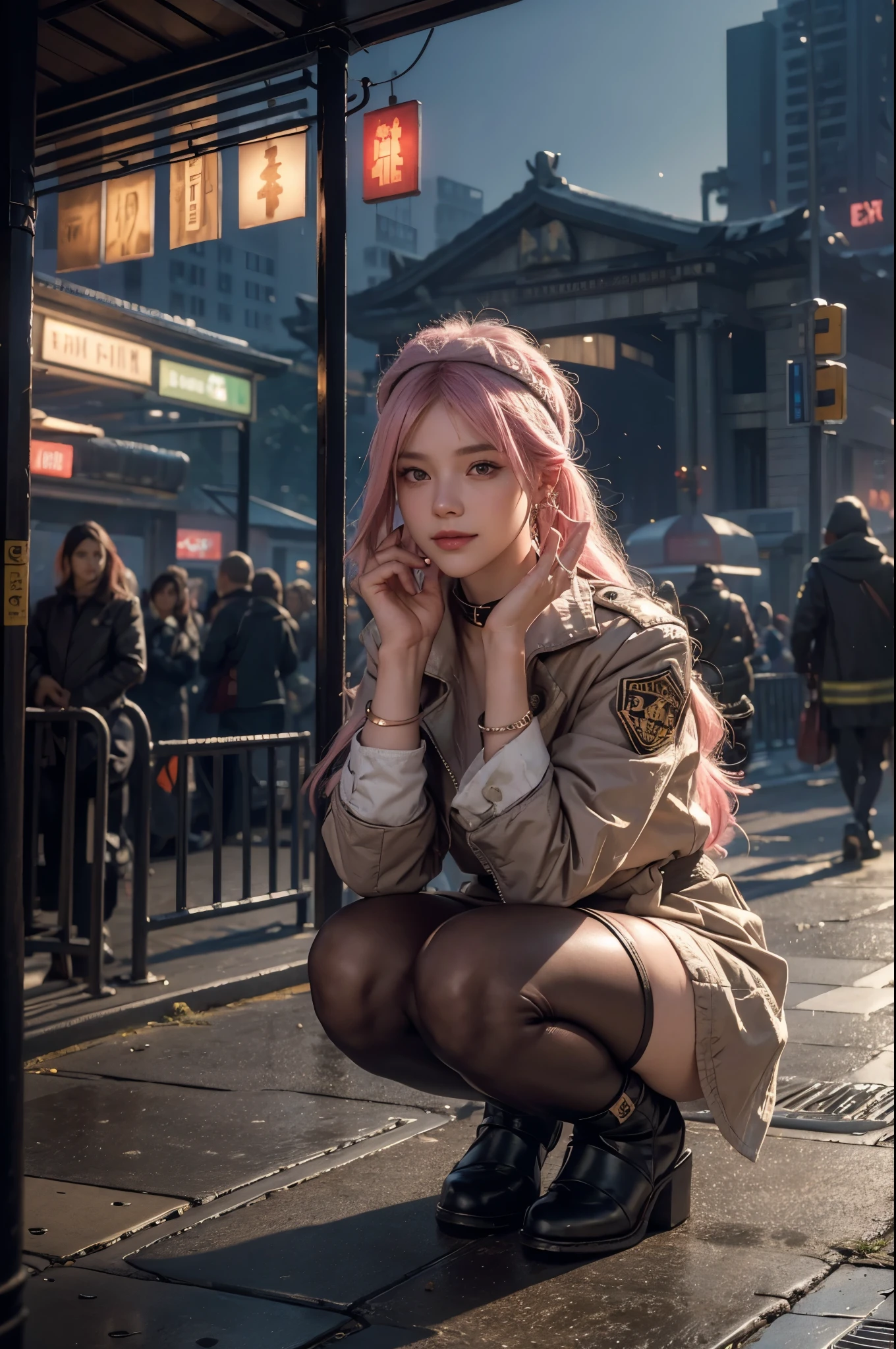 masterpiece,ultra high resolution,8K resolution,depth of field,Exquisite facial features,is a perfect face,girl,the only person,Smile,long white hair,pink hair,Cross bangs,Headband,bracelet,collar,hoop earrings,aviator sunglasses,Firefighter jacket,Berserker armor,over the knee boots,Ruffled pantyhose,squat,for the audience,dusk,temple,TRAIN STATION,Fleet Collection,Cinema lighting