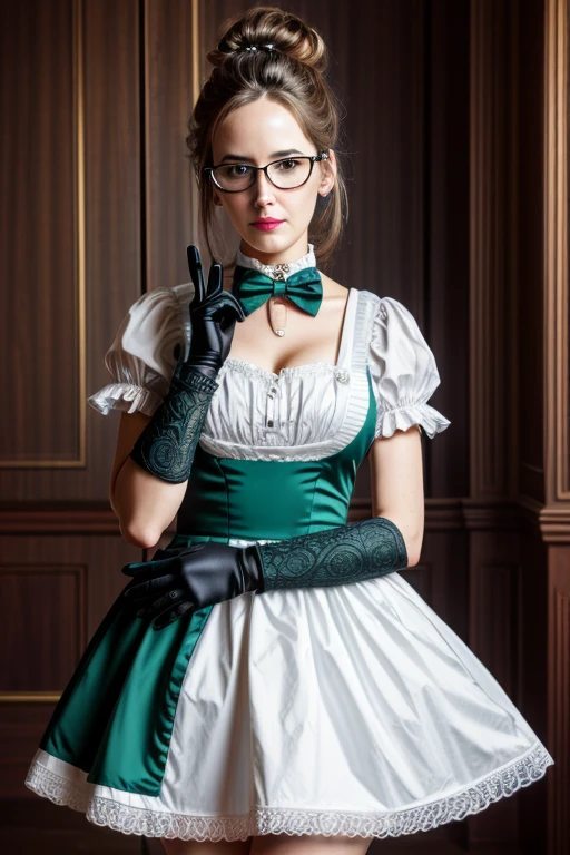 highres, sharp focus, pixiv masterpiece, ((intricate details)), highly detailed, yuri alpha, Eva Green, (green wristband, green gauntlets, spikes,:1.1) glasses, green eyes, maid, single hair bun, dress, choker, bowtie, maid apron,