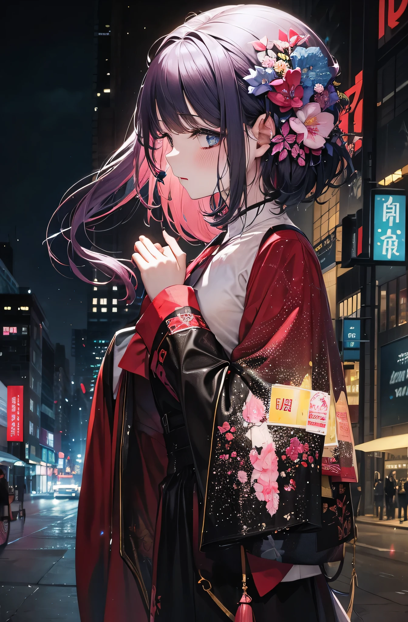 the city that never sleeps、Watercolor Touch、Bleeding、a woman , luminous design, pastel colours, ink drips, spring lights,Artistic,紺碧, red