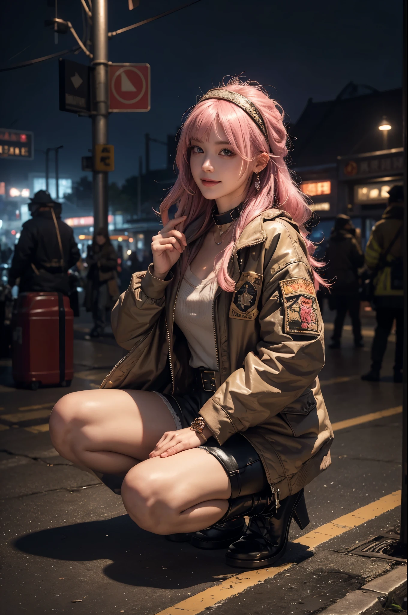 (masutepiece), (Best Quality), Realistic, Photorealism, 1girl in, Beautiful Girl, Perfect face, Perfect body, Sexy, (((Upper body wears only an air bomber jacket)))、(((Do not close the zipper))), No bra, Braless, Smile、Taut、Toned waist、fascinating butt、Plaid miniskirt、(((Lift skirt with hand to expose pink sexy panties)))、Wearing a pistol holder on the thigh、Smile full of happiness、Attractive pretty woman、Detailed cute big blue eyes、Detailed cute face、complexion with good blood circulation、pink cheek、Medium hair of maroon color、(((stick out)))、Nipples erect、