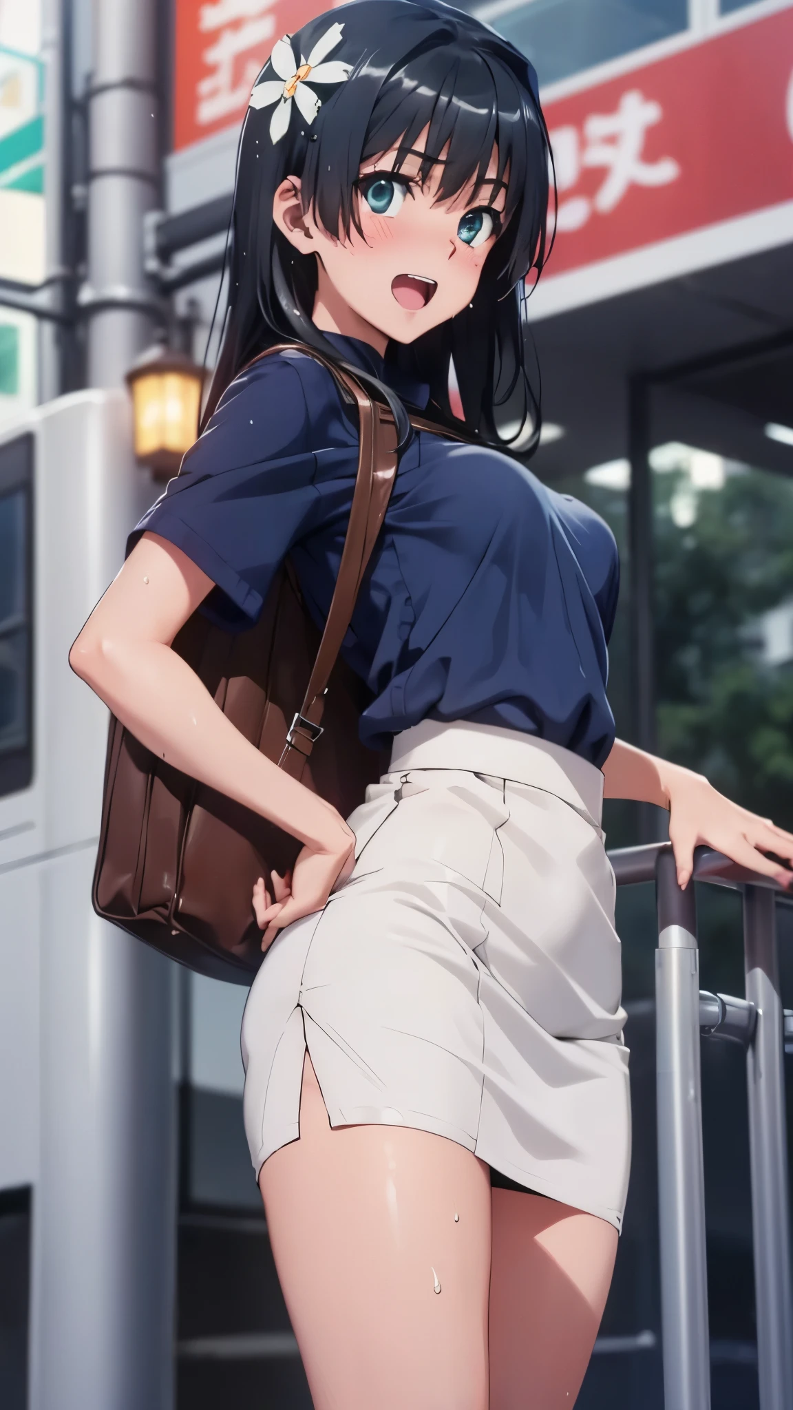woman,14 years old,,city,night,(((white and blue miniskirt))),,open mouth smile(())(See-through),(()),((Nariko Saten)),blush、surprised face,(((lift up skirt))),((turn around and look back))(wet with sweat)