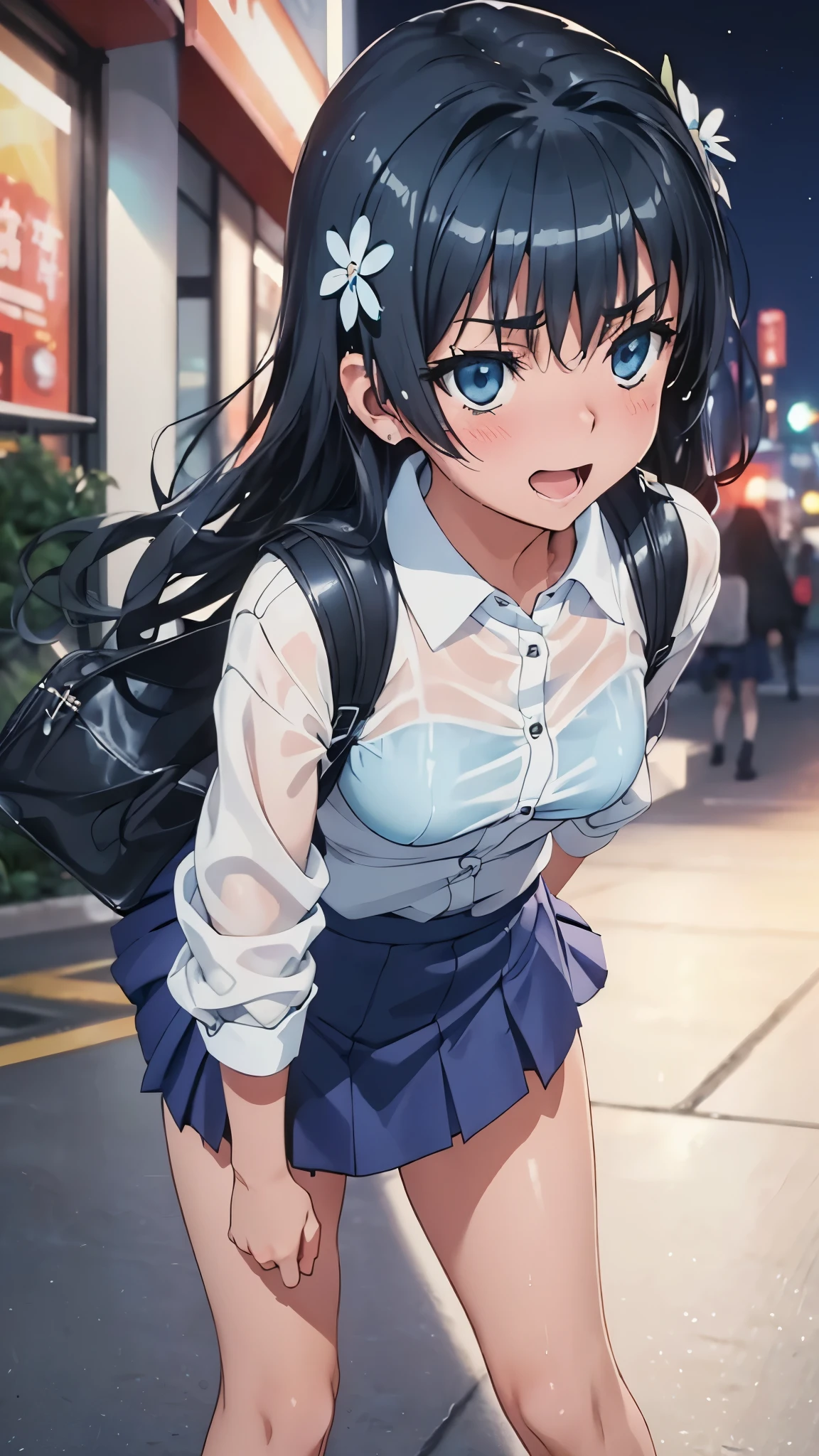 Flat chest
,1girl,(((12yo:1.5))),masterpiece, best quality, ultra-detailed,beautiful detailed,HDR,
(detailed beautiful top:1.6),put on a shirt,white shirt,shirt open front, (navy pleated skirt:1.5),(school uniform style skirt:1.5), black hair,ponytails,long_hair,(Bend down with your chest emphasized:1.6),(zoom-up chest:1.6),(directly above veiw:1.6),looking at the camera,cute smile,sunlight,being ashamed,embarrassed face,flat chest,12age,in the city