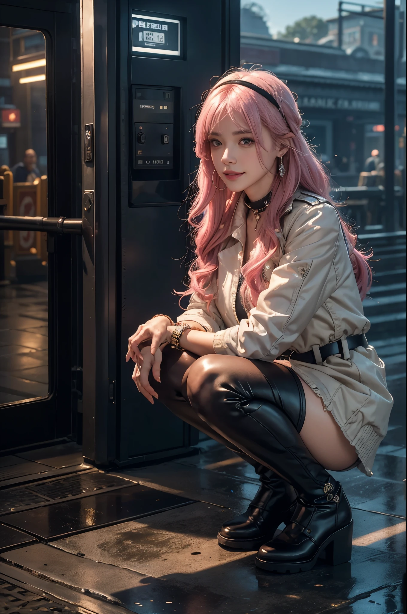 masterpiece,ultra high resolution,8K resolution,depth of field,Exquisite facial features,is a perfect face,girl,the only person,Smile,long white hair,pink hair,Cross bangs,Headband,bracelet,collar,hoop earrings,aviator sunglasses,Firefighter jacket,Berserker armor,over the knee boots,Ruffled pantyhose,squat,for the audience,dusk,temple,TRAIN STATION,Fleet Collection,Cinema lighting