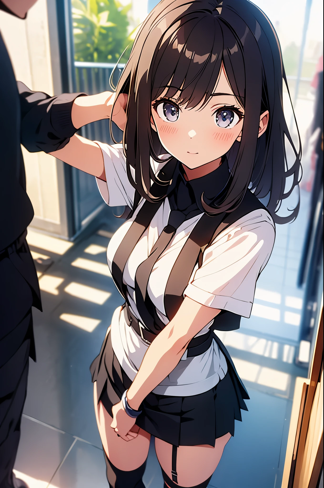 brown hair、looking at the viewer　　suspenders　　　Bulging big breasts　　 　 　　　　Black miniskirt　garter belt　knee high socks　　　　　　Gaze　　　small face　bangs 　　　　　Beauty　　hands up　　 　Gaze 　black boots 　provocation　　armpit sweat　one person 　　put your hands behind your back　cutter shirt　　Panty shot　ginka