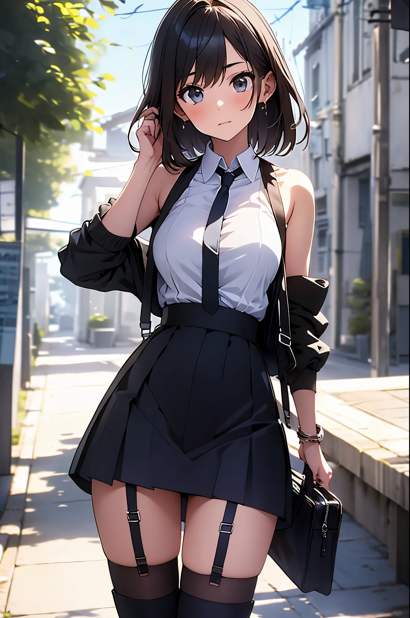 brown hair、looking at the viewer　　suspenders　　　Bulging big breasts　　 　 　　　　Black miniskirt　garter belt　knee high socks　　　　　　Gaze　　　small face　bangs 　　　　　Beauty　　hands up　　 　Gaze 　black boots 　provocation　　armpit sweat　one person 　　put your hands behind your back　cutter shirt　　Panty shot　ginka