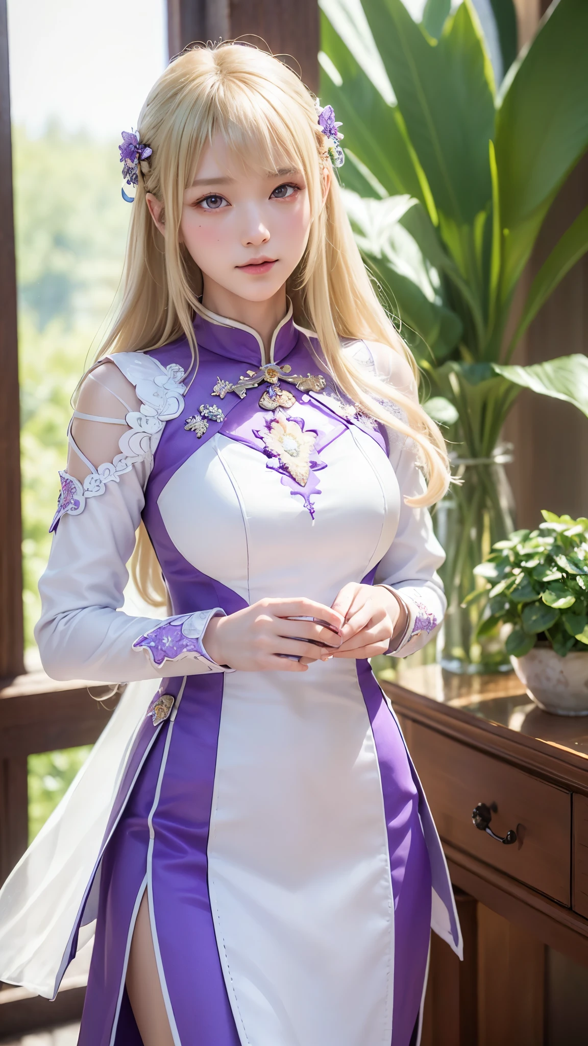 ((highest quality)), ((masterpiece)), (detailed:1.4), 3D, Beautiful Chinese dress woman image,nffsw(high dynamic range),ray tracing,NVIDIA RTX,super resolution,unreal 5,Scattered beneath the surface,PBR texturing,post processing,anisotropic filtering,Depth of bounds written,maximum clarity and sharpness,multilayer texture,Albedo and specular maps,surface shading,Accurate simulation of light-matter interactions,perfect proportions,octane rendering,two-tone lighting,wide aperture,Low ISO、White balance、Rule of thirds、8K students、((Straight Long Hair))(((white and purple cheongsam)))(((blonde)))((12 years old))(())