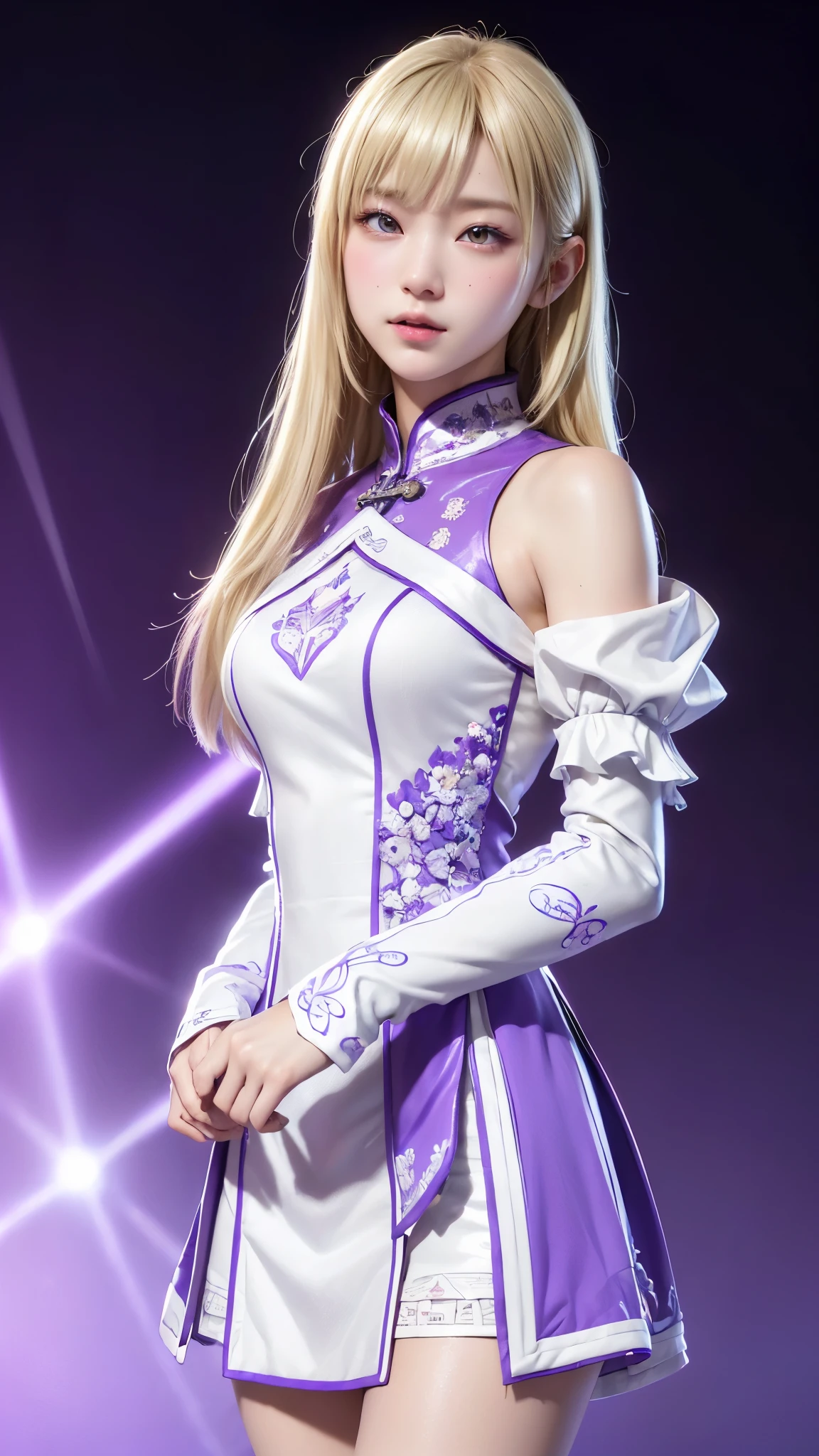 ((highest quality)), ((masterpiece)), (detailed:1.4), 3D, Beautiful Chinese dress woman image,nffsw(high dynamic range),ray tracing,NVIDIA RTX,super resolution,unreal 5,Scattered beneath the surface,PBR texturing,post processing,anisotropic filtering,Depth of bounds written,maximum clarity and sharpness,multilayer texture,Albedo and specular maps,surface shading,Accurate simulation of light-matter interactions,perfect proportions,octane rendering,two-tone lighting,wide aperture,Low ISO、White balance、Rule of thirds、8K students、((Straight Long Hair))(((white and purple cheongsam)))(((blonde)))(())(())
