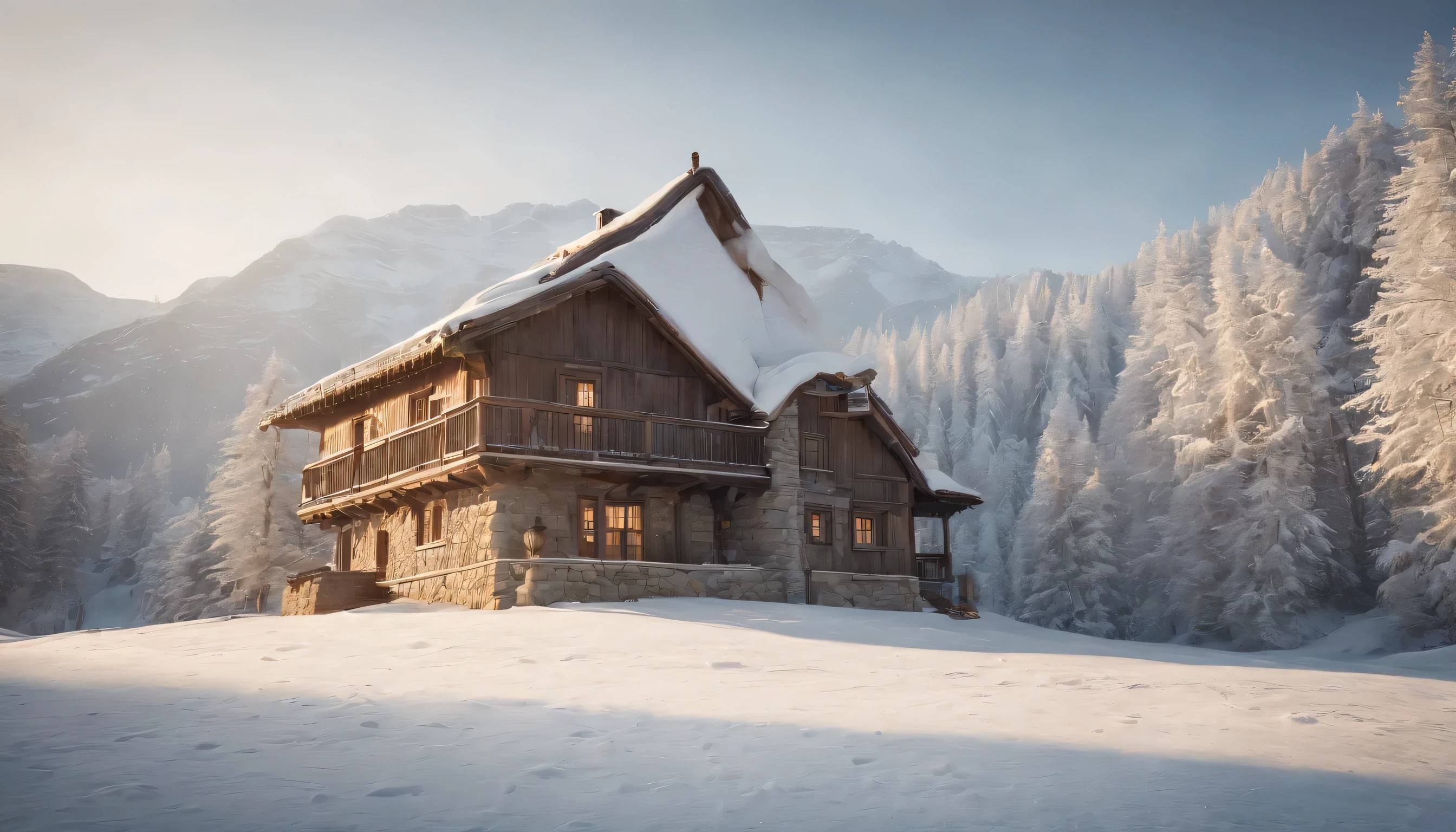 (Highly detailed CG Unity 8K wallpaper、masterpiece、highest quality、Super detailed)、(best lighting、best shadow、very delicate and beautiful)、highest quality、8K、Detailed facial depiction、masterpiece、highest quality、clear image quality、
Photographing an old folk house standing quietly in a snowy landscape。