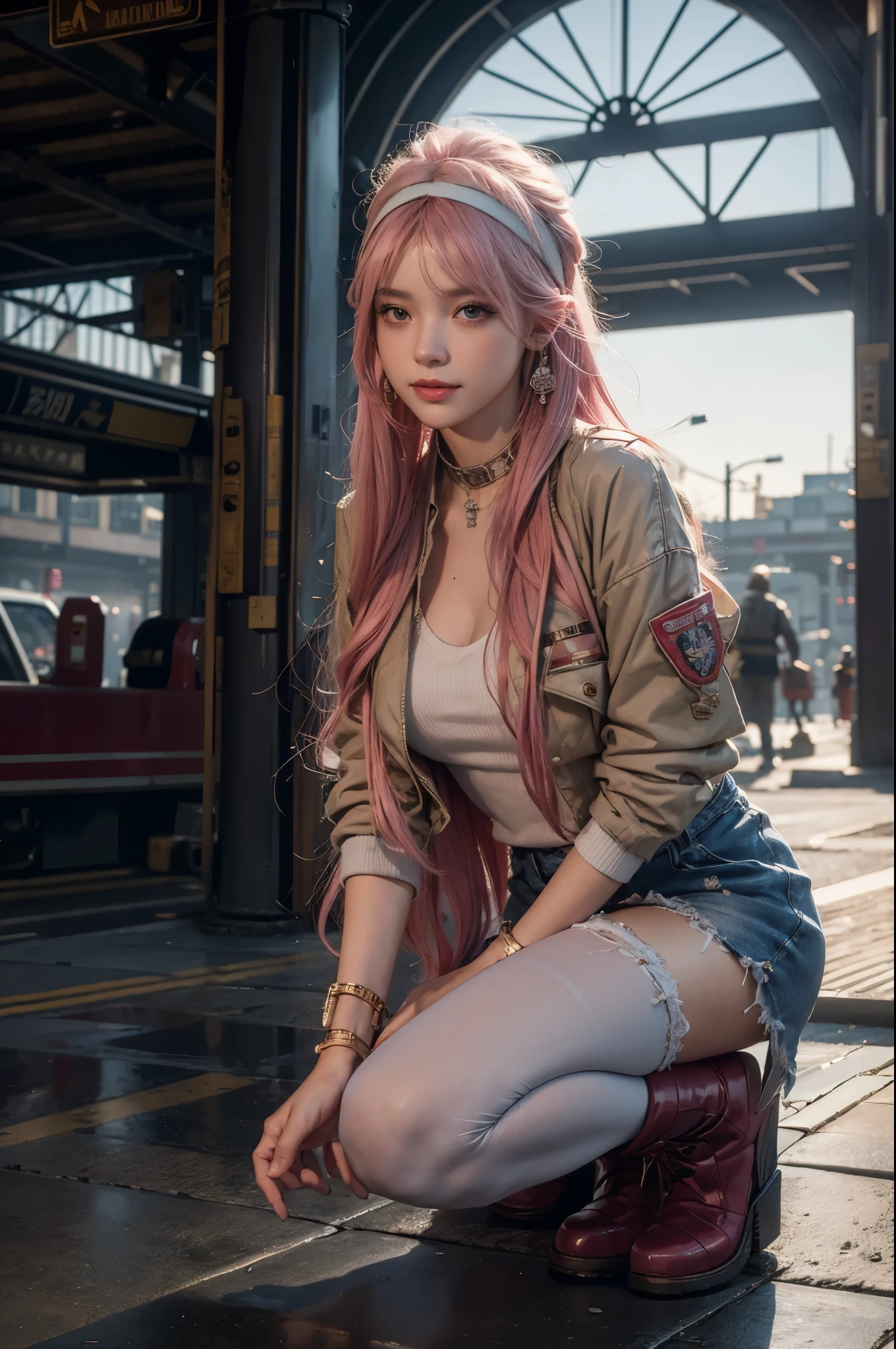 masterpiece,ultra high resolution,8K resolution,depth of field,Exquisite facial features,is a perfect face,girl,the only person,Smile,long white hair,pink hair,Cross bangs,Headband,bracelet,collar,hoop earrings,aviator sunglasses,Firefighter jacket,Berserker armor,over the knee boots,Ruffled pantyhose,squat,for the audience,dusk,temple,TRAIN STATION,Fleet Collection,Cinema lighting